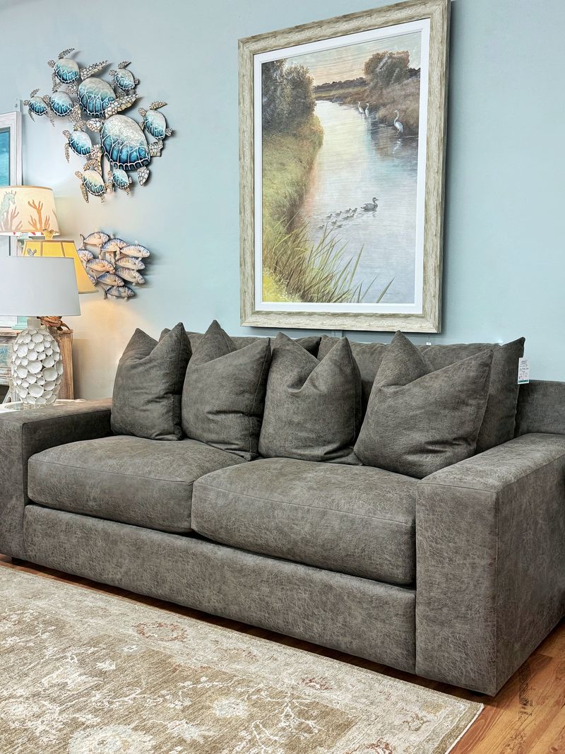 Custom sofa by John Michael Designs in a styled vignette - custom upholstery at Atlantic Fine Furniture Melbourne FL