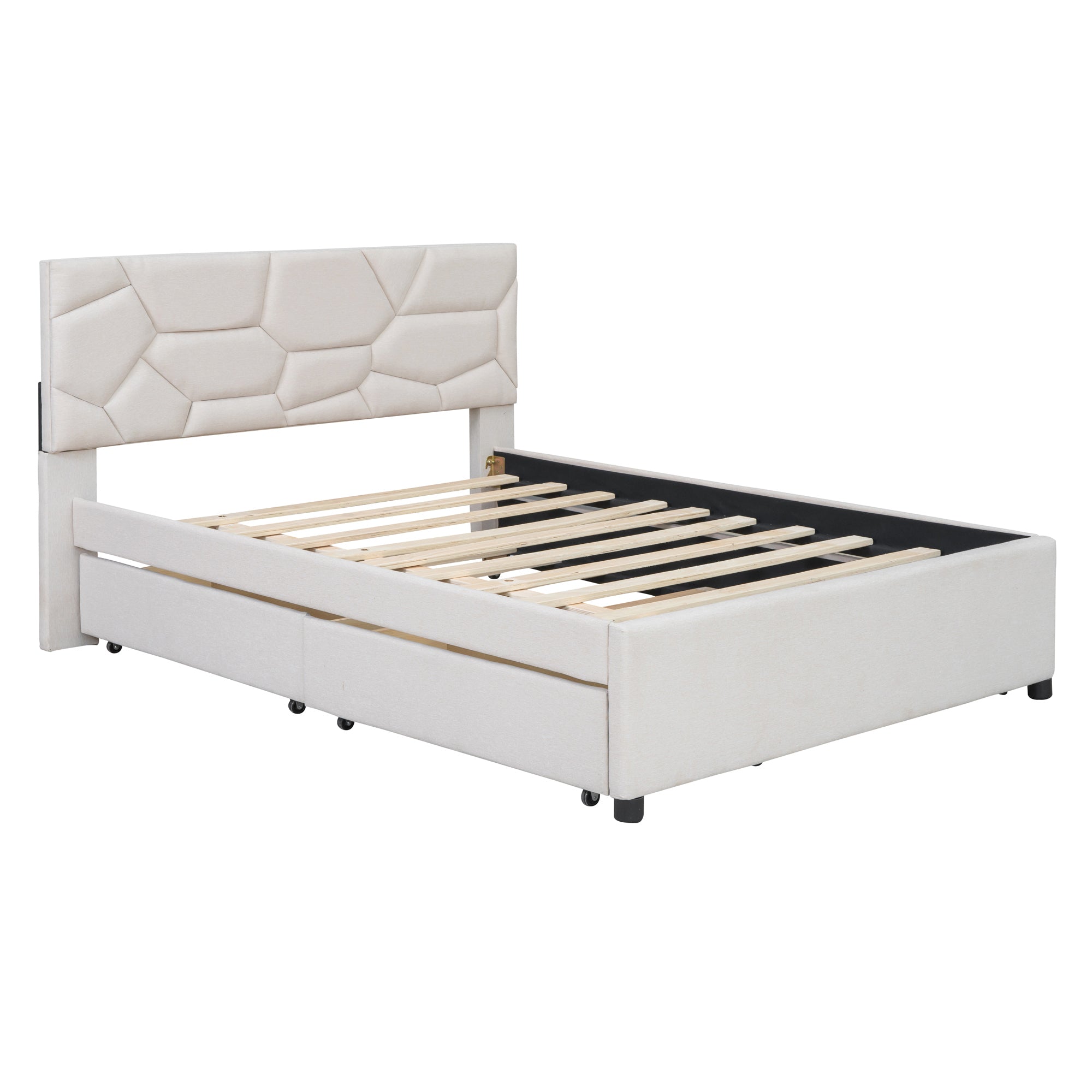Full Size Upholstered Platform Bed with Brick Pattern Headboard, with Twin Size Trundle and 2 Drawers, Linen Fabric, Beige - Atlantic Fine Furniture Melbourne FL
