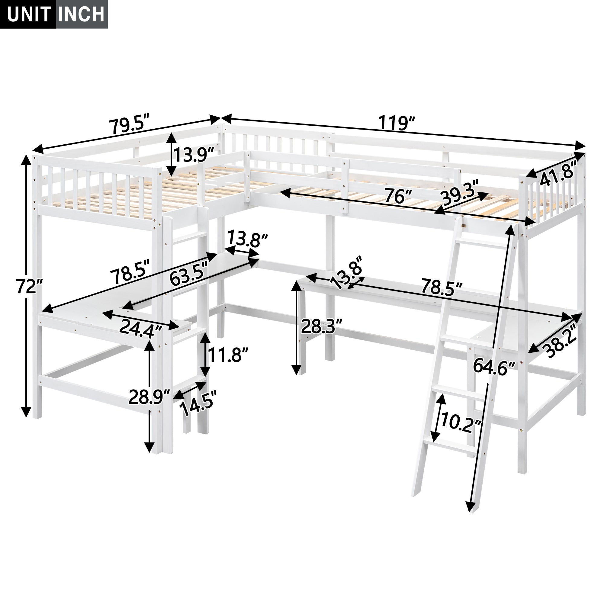 Wood Twin Size L-Shaped Loft Bed with Ladder and 2 Built-in L-Shaped Desks, White - Atlantic Fine Furniture Melbourne FL