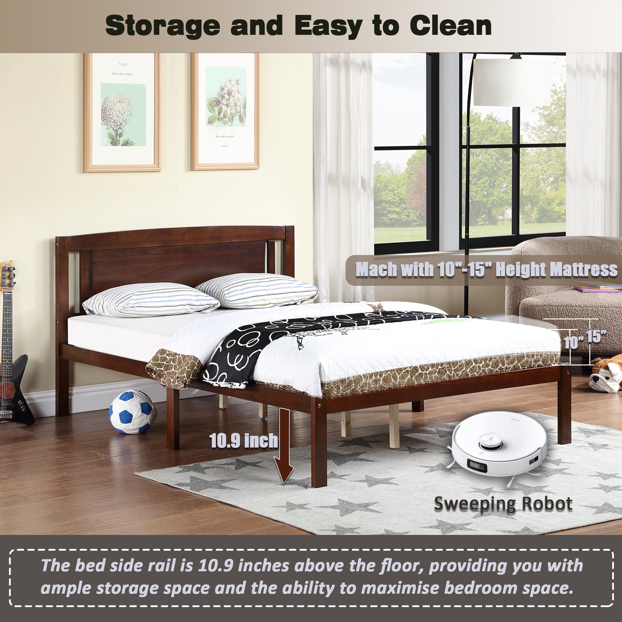 Full Size Bed, Wood Platform Bed Frame with Headboard For Kids, Slatted, Dark Walnut