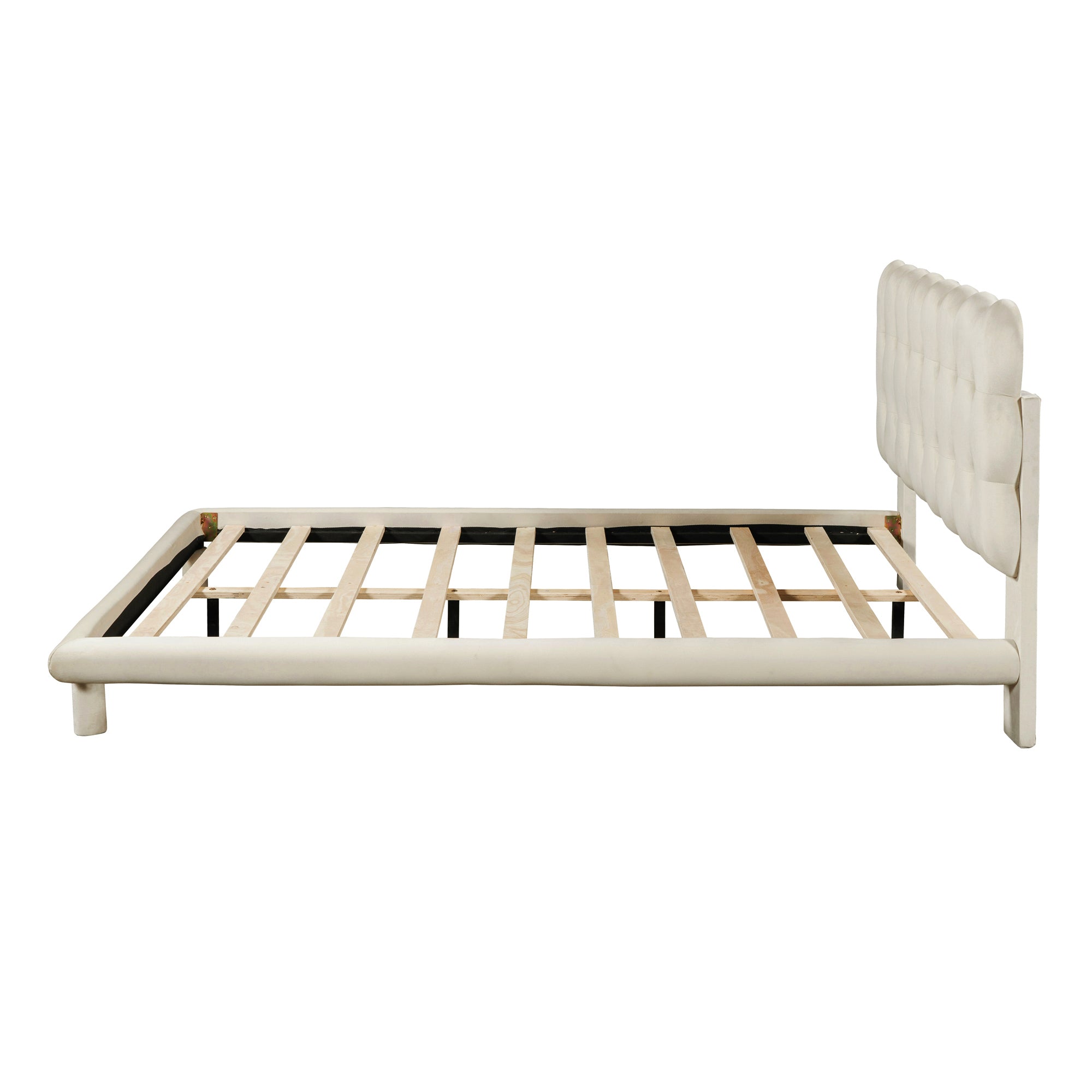 Queen Size Velvet Platform Bed with LED Frame, Thick & Soft Fabric and Button-tufted Design Headboard, Beige - Atlantic Fine Furniture Melbourne FL