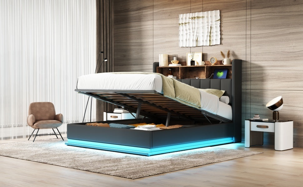 Queen Size Upholstered Platform Bed with Storage Headboard and Hydraulic Storage System, PU Storage Bed with LED Lights and USB charger, Black - Atlantic Fine Furniture Melbourne FL