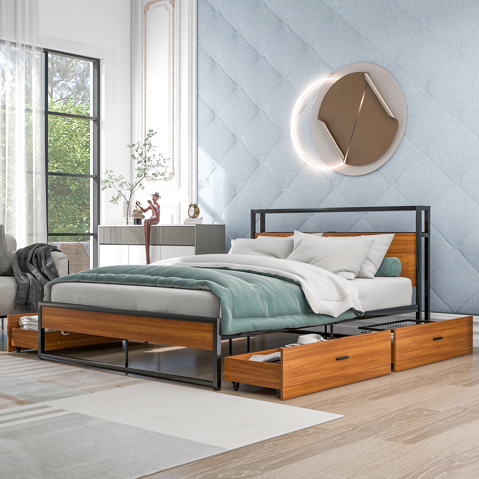 Queen Size Metal Platform Bed Frame with Four Drawers,Sockets and USB Ports ,Slat Support No Box Spring Needed Black - Atlantic Fine Furniture Melbourne FL