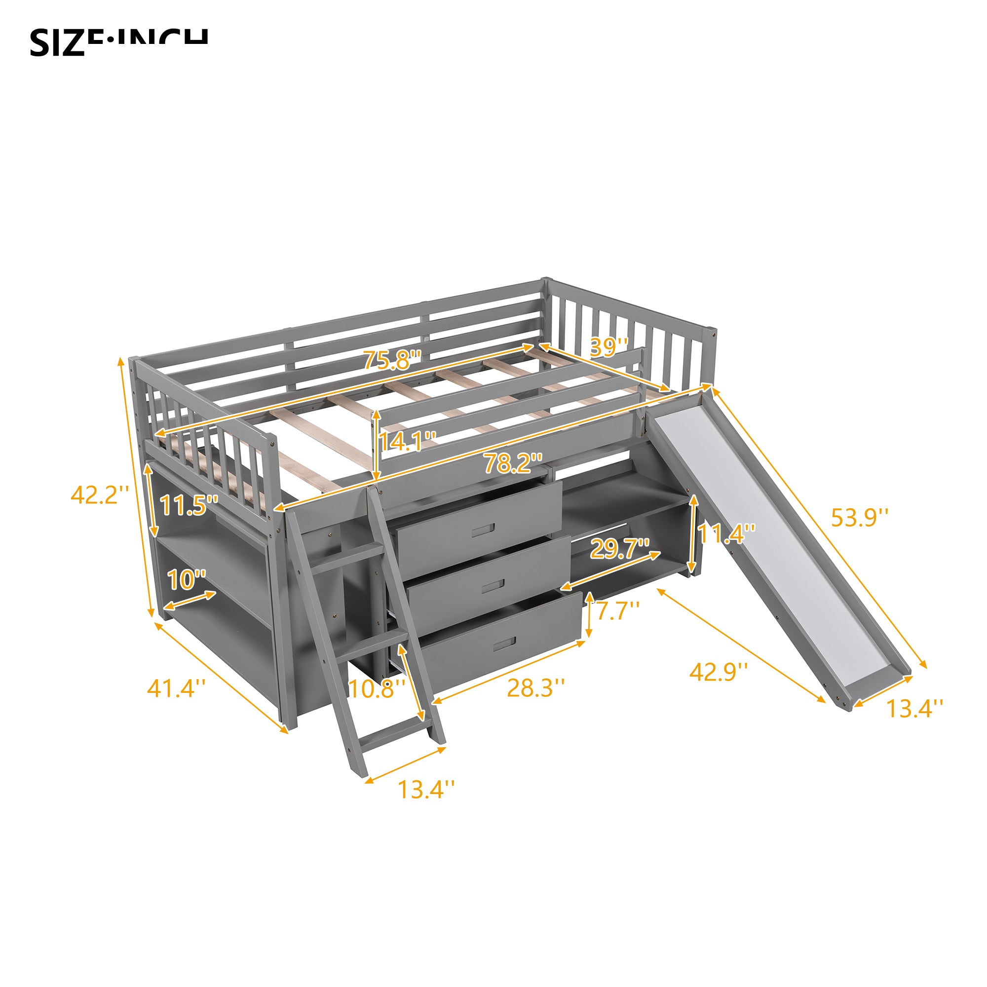 Low Loft Bed with Attached Bookcases and Separate 3-tier Drawers,Convertible Ladder and Slide,Twin,Gray - Atlantic Fine Furniture Melbourne FL