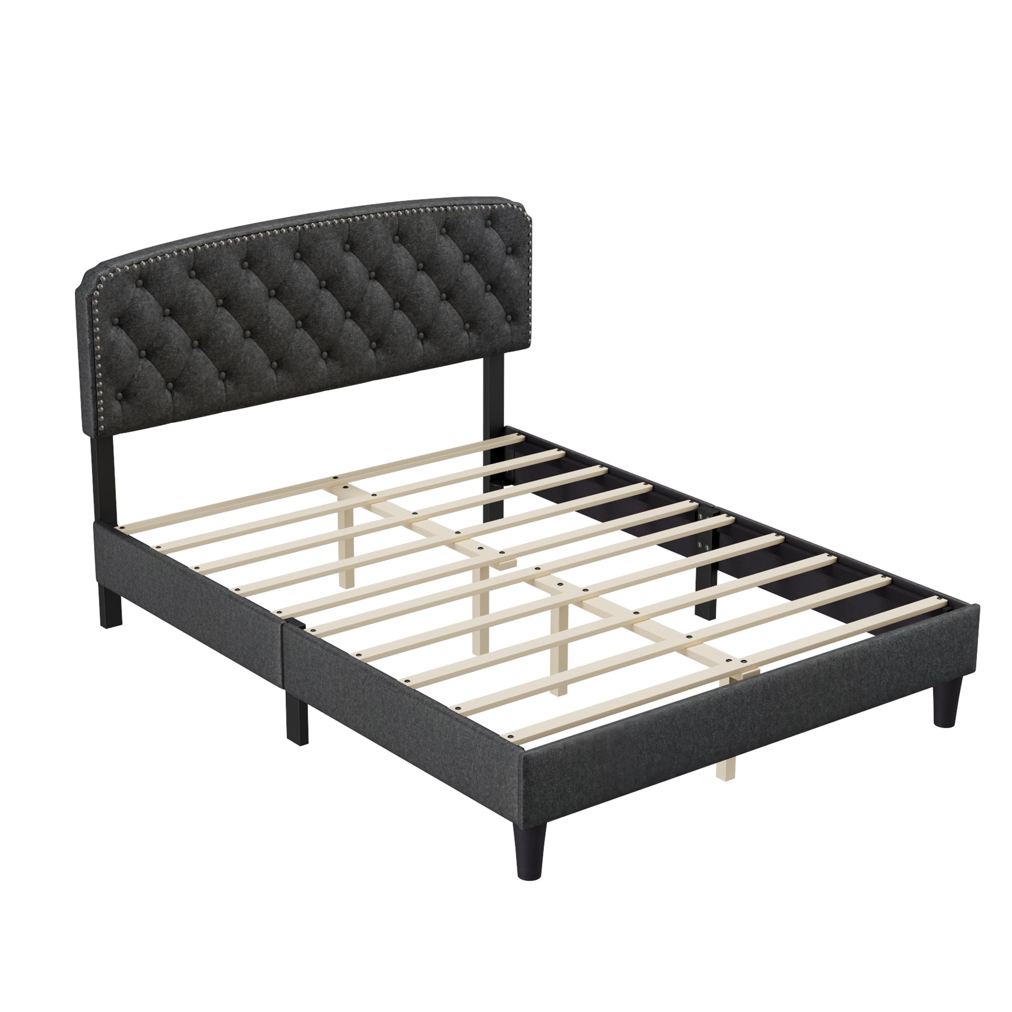 Queen size Adjustable Headboard with Fine Linen Upholstery and Button Tufting for Bedroom, Wave Top Dark Grey