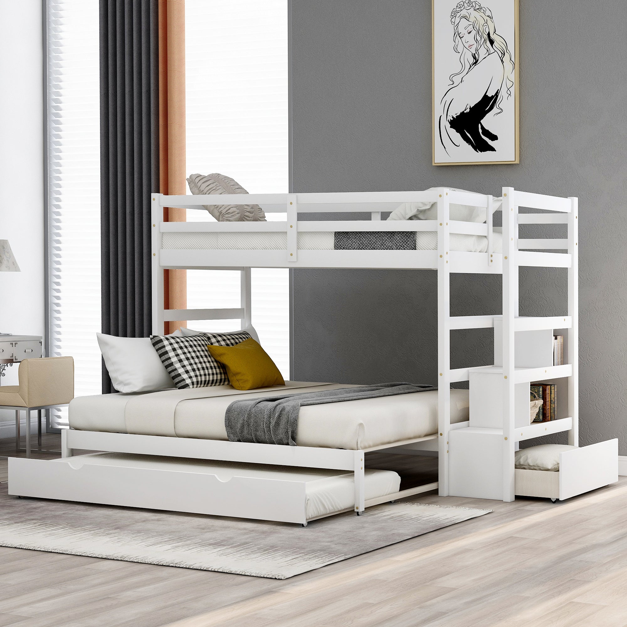 Twin over Twin/King (Irregular King Size) Bunk Bed with Twin Size Trundle, Extendable Bunk Bed (White)(OLD SKU :LP000032AAK) - Atlantic Fine Furniture Melbourne FL