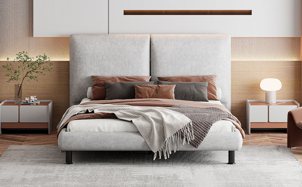 Queen Size Upholstered Platform Bed with Two Large Headrests and Thick Fabric, Polyester, Beige - Atlantic Fine Furniture Melbourne FL