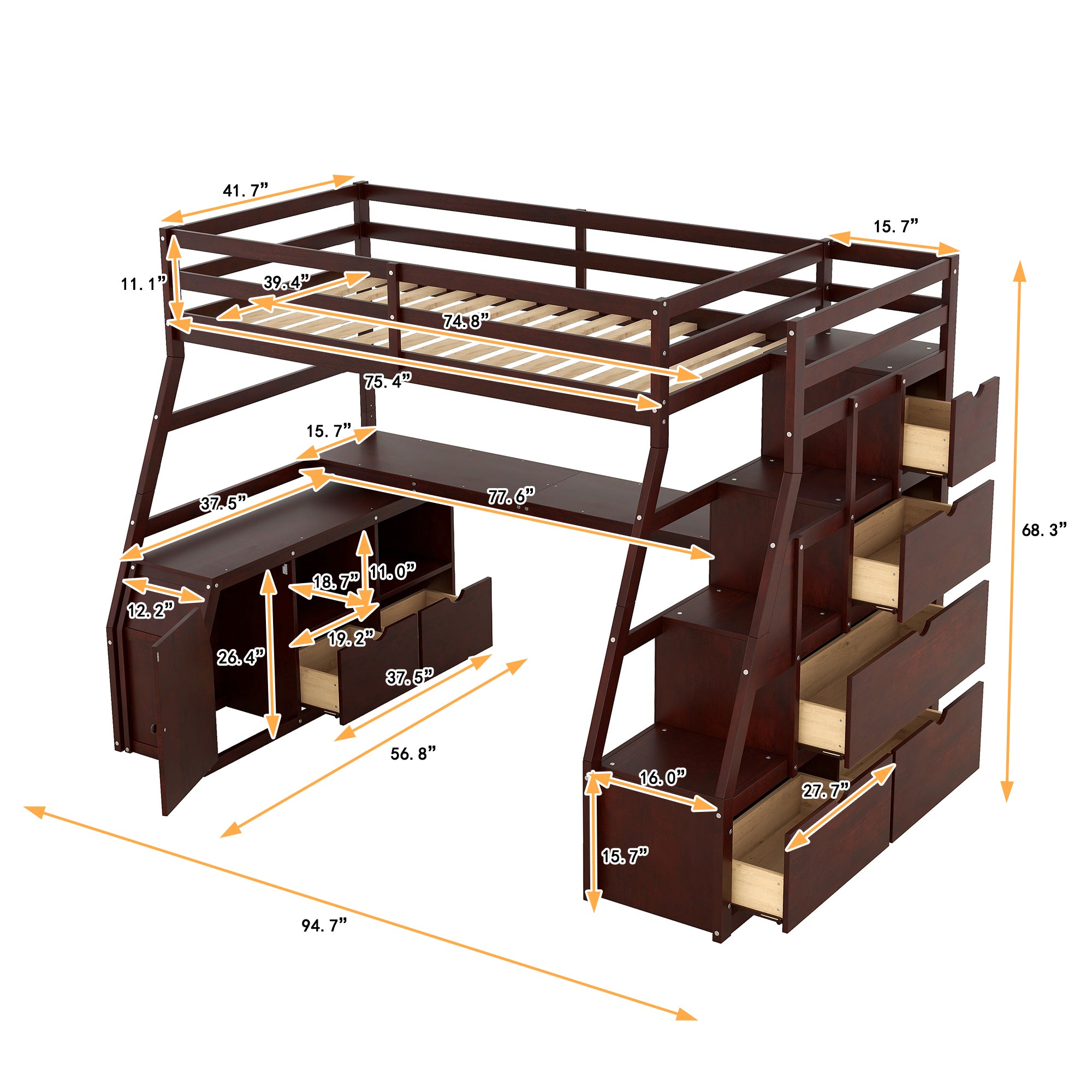 Twin Size Loft Bed with 7 Drawers 2 Shelves and Desk - Espresso - Atlantic Fine Furniture Melbourne FL