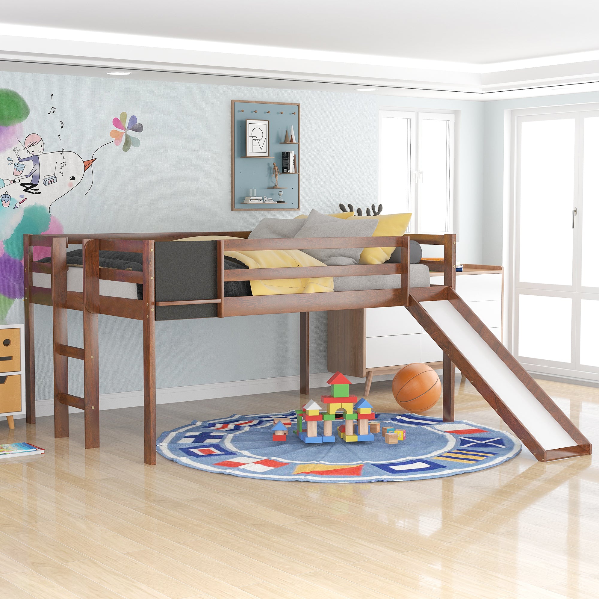 Full size Loft Bed Wood Bed with Slide, Stair and Chalkboard,Walnut(Old SKU:WF282116AAL) - Atlantic Fine Furniture Melbourne FL