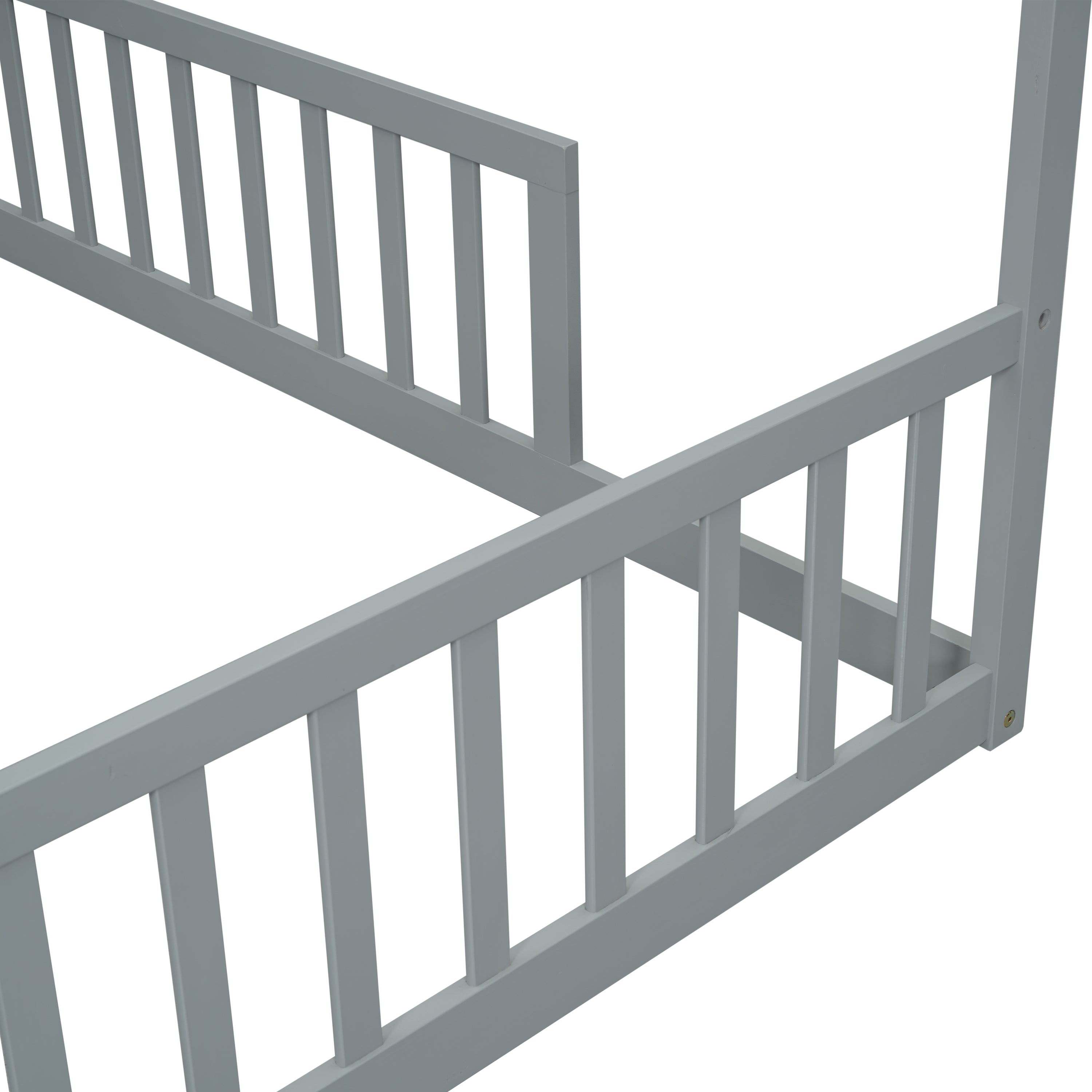 Double Twin House-Style Floor Bed with Fence, Guardrails, without door, Grey