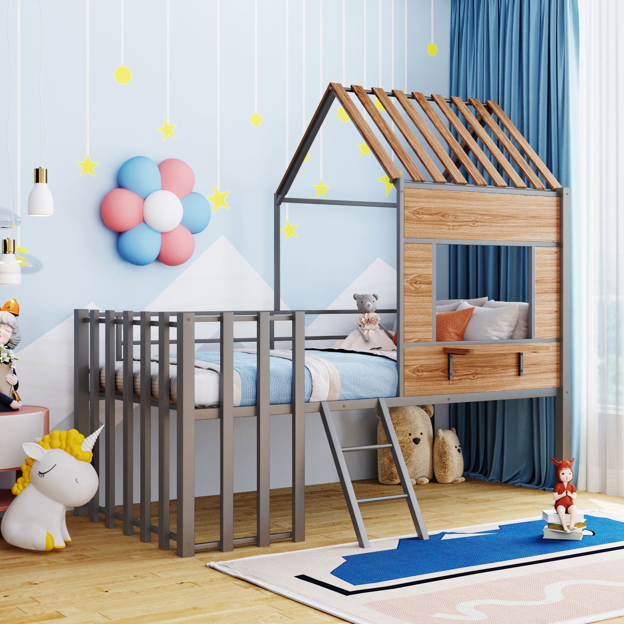 Metal Twin size Loft Bed with Roof, Window, Guardrail, Ladder Silver - Atlantic Fine Furniture Melbourne FL