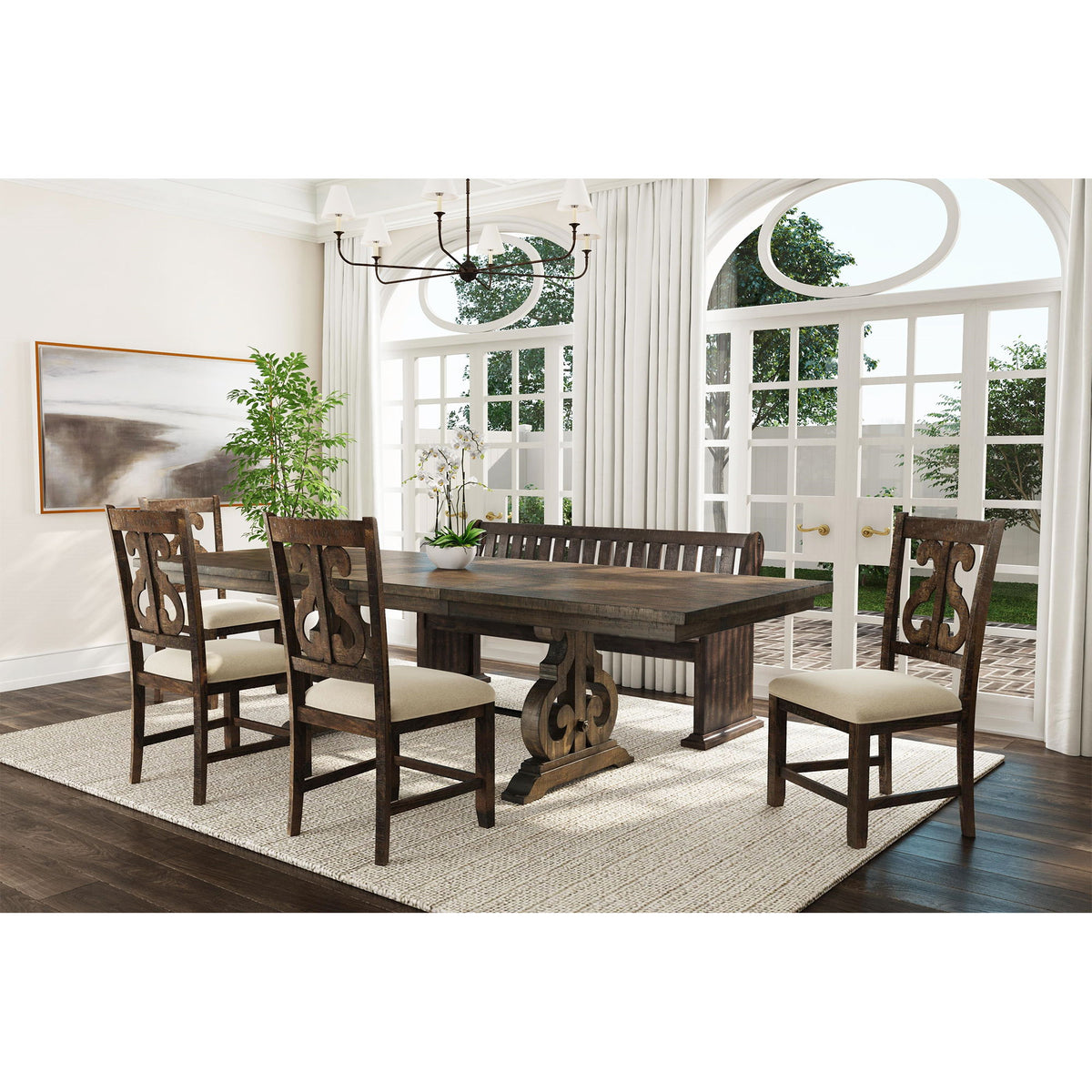Stone 6 Piece Dining Set Table & 4 Wooden Swril Back Side Chairs & Pew Bench in Charcoal by Elements International