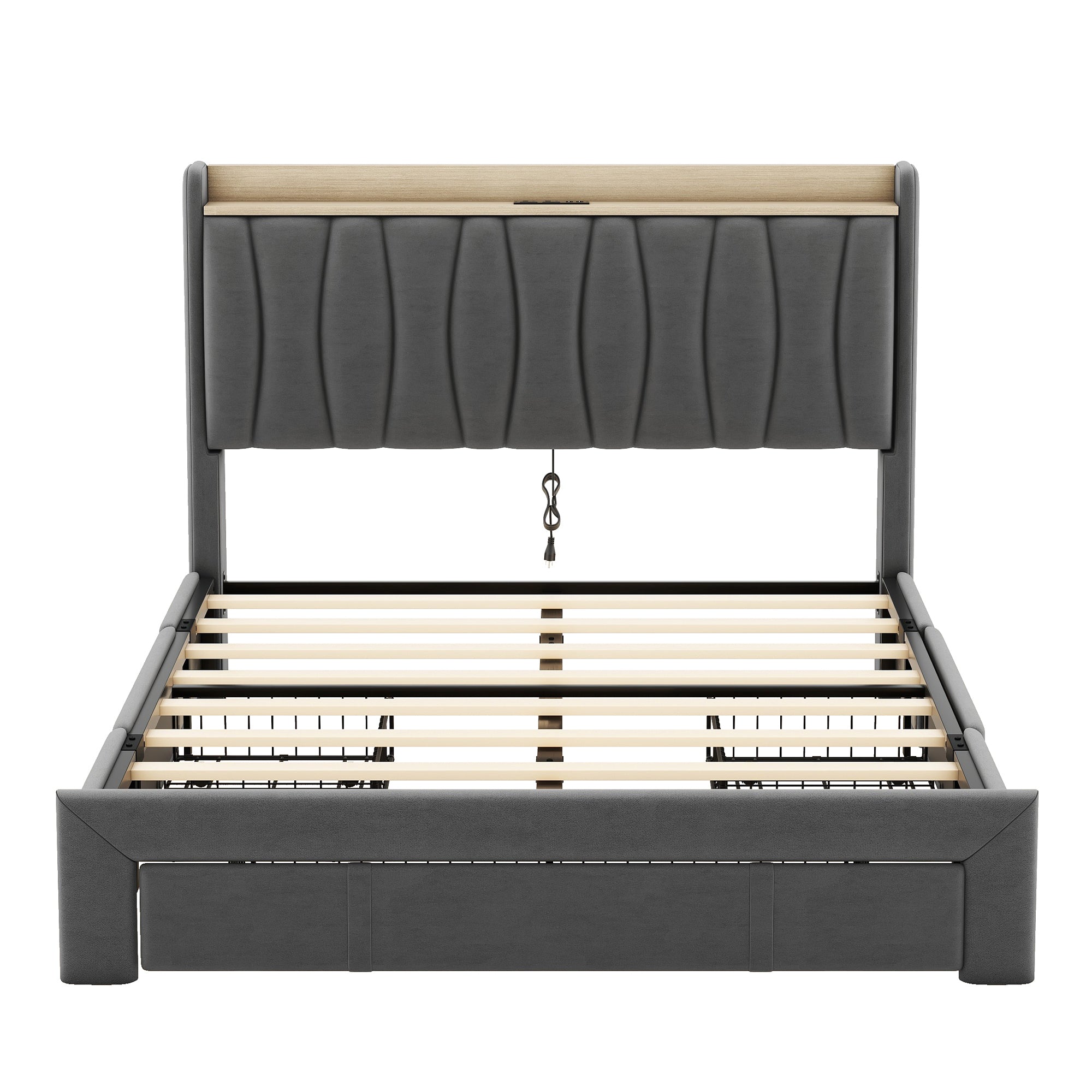 Queen Size Bed Frame with Storage Headboard and Charging Station, Upholstered Platform Bed with 3 Drawers, No Box Spring Needed, Dark Gray