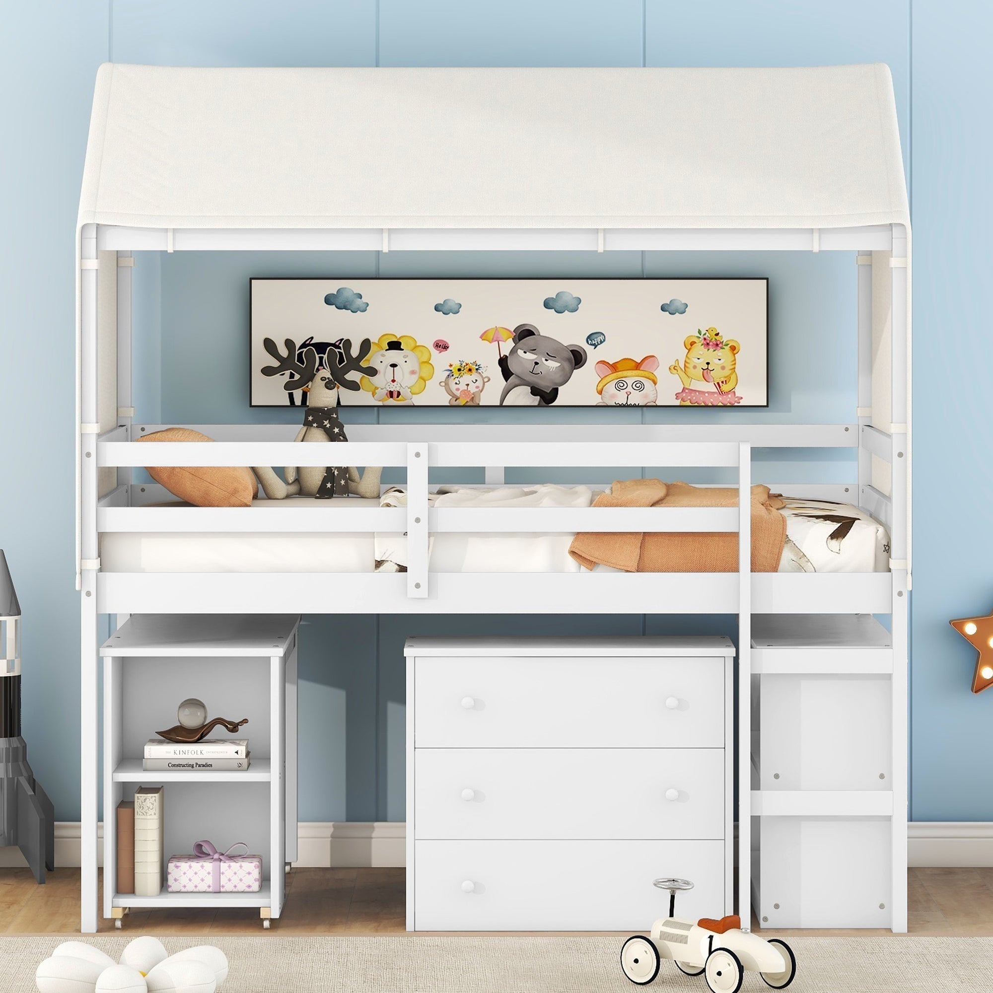 Twin Size Loft Bed with Rolling Cabinet, Shelf and Tent - White - Atlantic Fine Furniture Melbourne FL