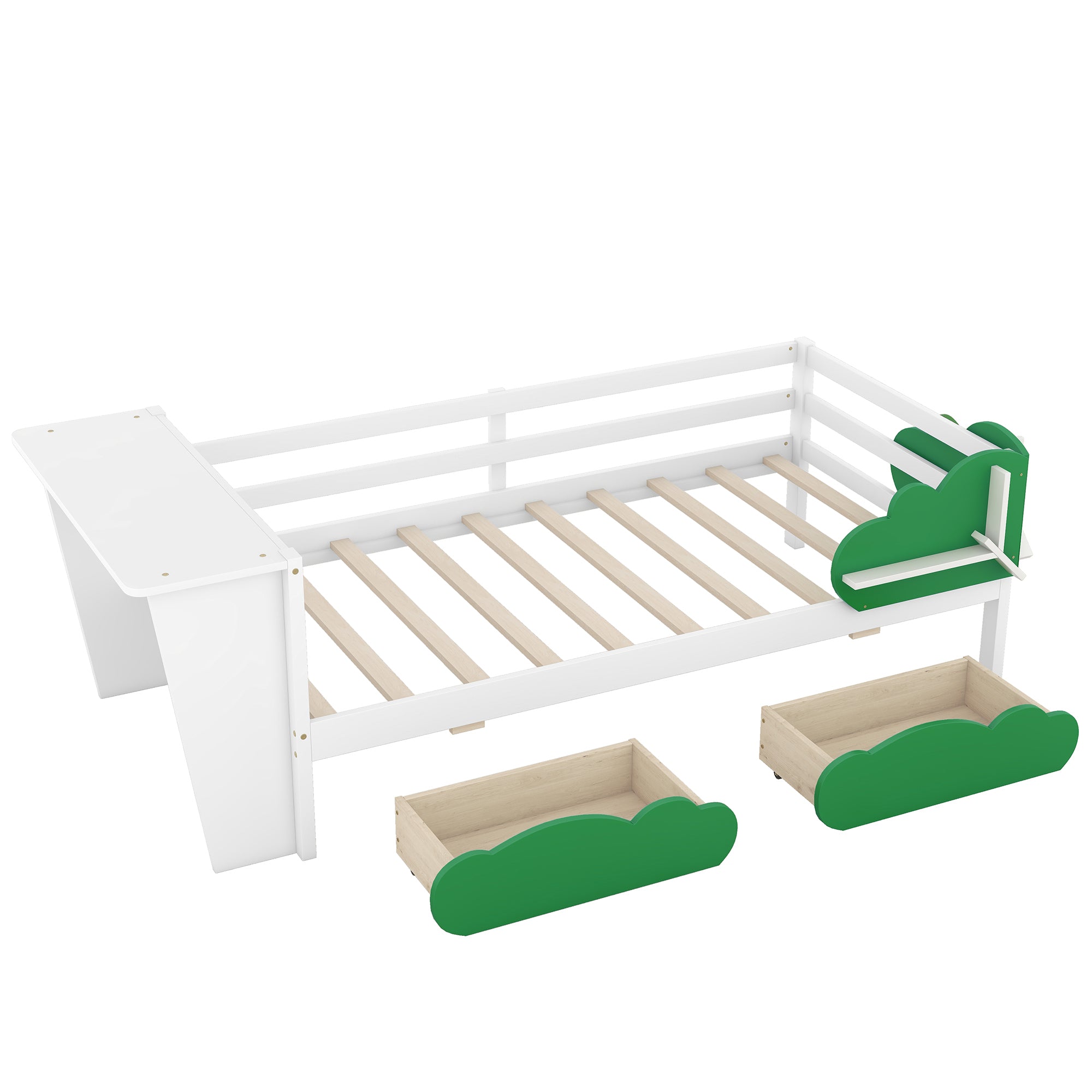 Twin Size Daybed with Desk, Green Leaf Shape Drawers and Shelves, White - Atlantic Fine Furniture Melbourne FL