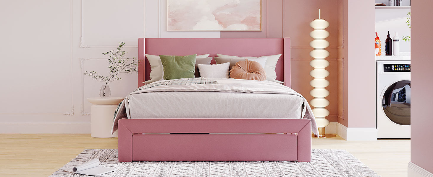 Queen Size Storage Bed Velvet Upholstered Platform Bed with a Big Drawer - Pink - Atlantic Fine Furniture Melbourne FL