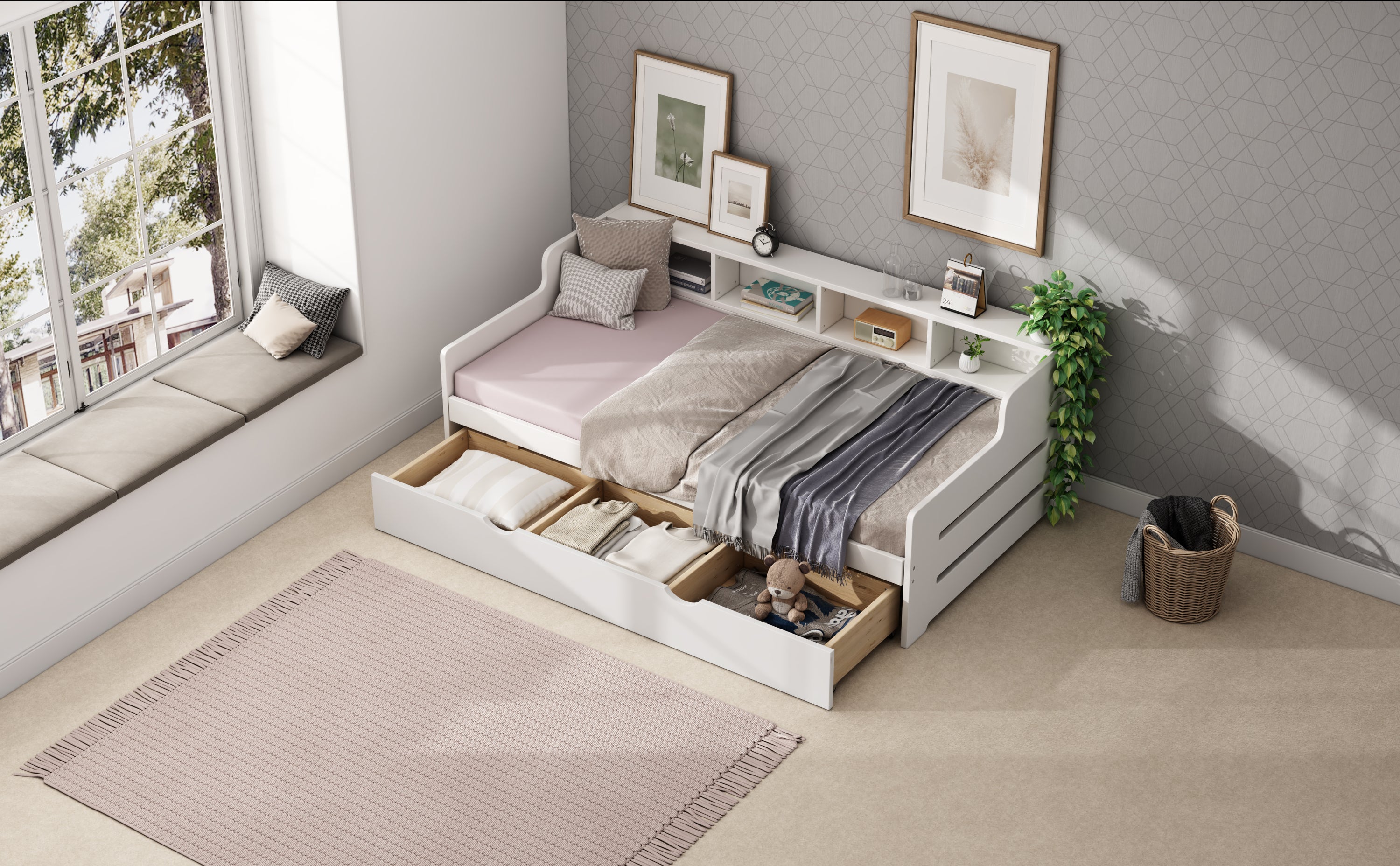 Twin Size Wooden Day Bed with 3 Trawers for Guest Room, Small Bedroom, Study Room, White - Atlantic Fine Furniture Melbourne FL
