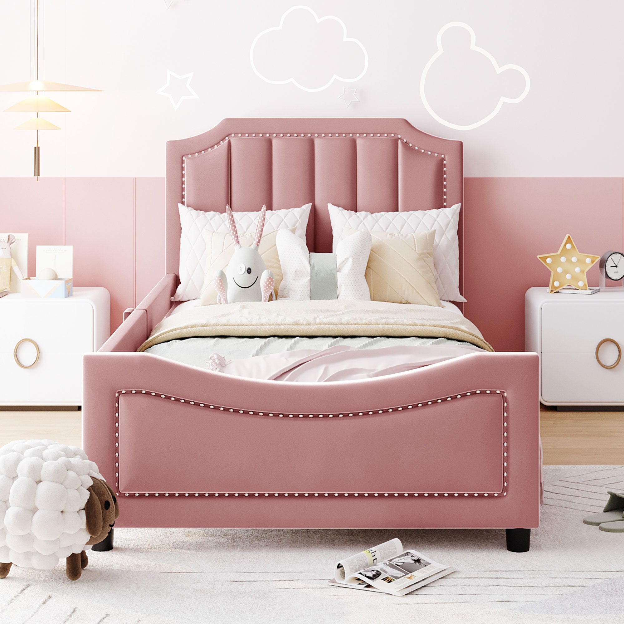 Twin Size Upholstered Daybed with Classic Stripe Shaped Headboard, Pink - Atlantic Fine Furniture Melbourne FL