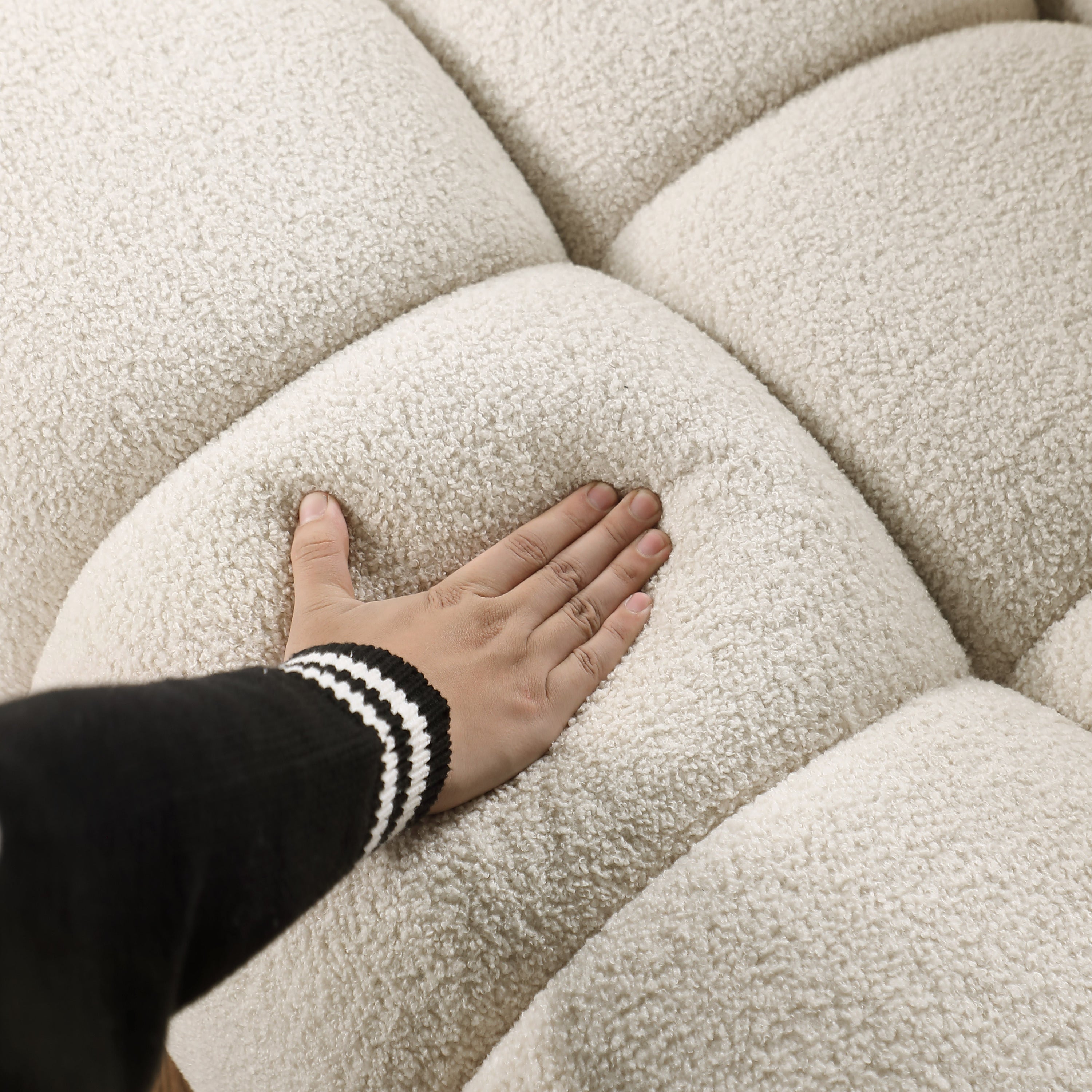 64.96 length ,35.83" deepth ,human body structure for USA people, marshmallow sofa,boucle sofa ,2 seater, BEIGE BOUCLE