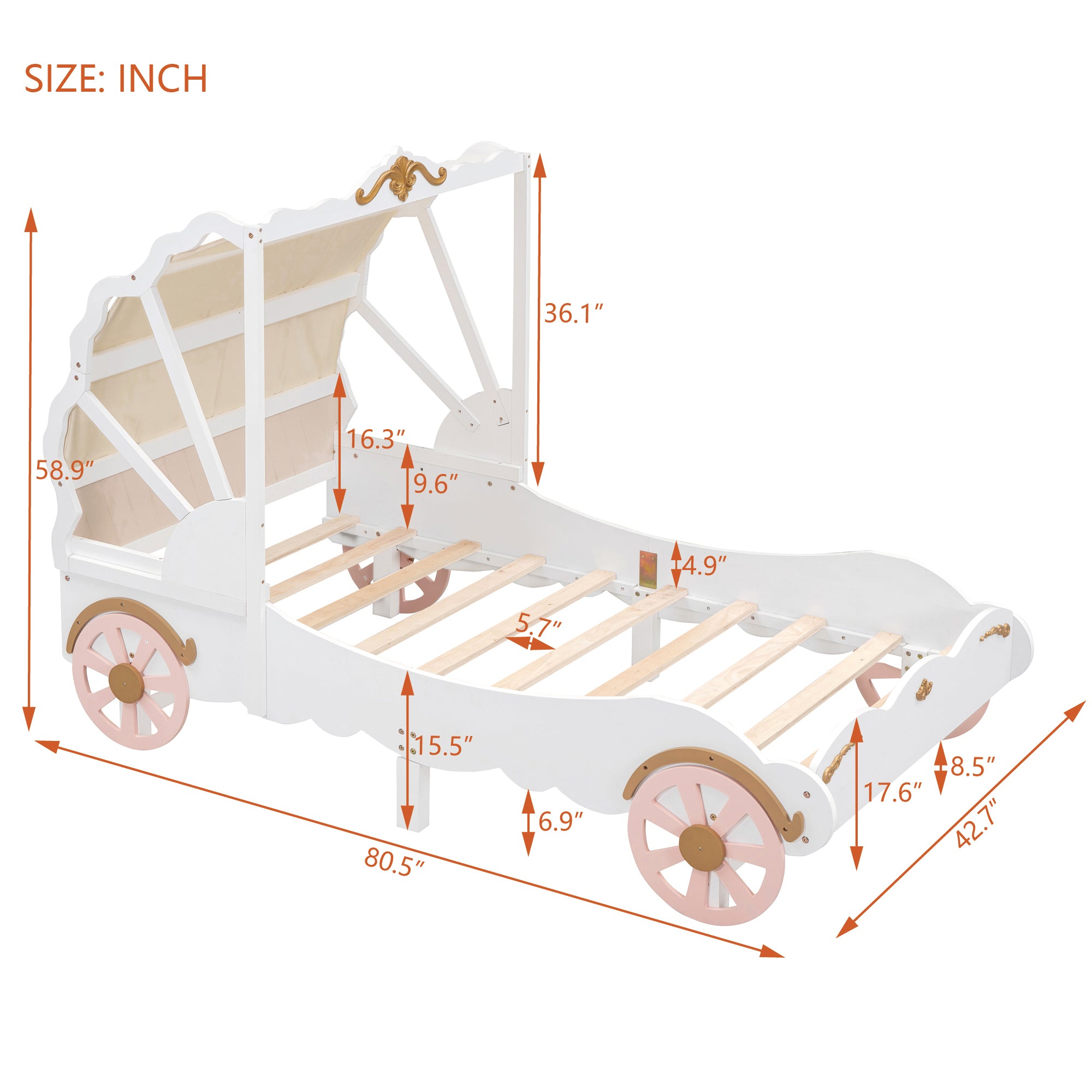 Twin Size Princess Carriage Bed with Canopy, Wood Platform Car Bed with 3D Carving Pattern, White+Pink+Gold - Atlantic Fine Furniture Melbourne FL