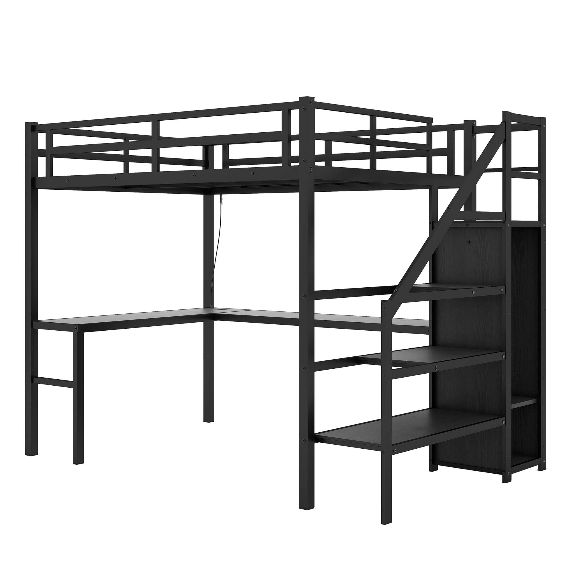 Full XL Size Loft Bed with L-shaped Desk and USB, Metal Loft Bed with Wardrobe and Adjustable Shelf, High Loft Bed with LED for Kids Teens Adults, Black