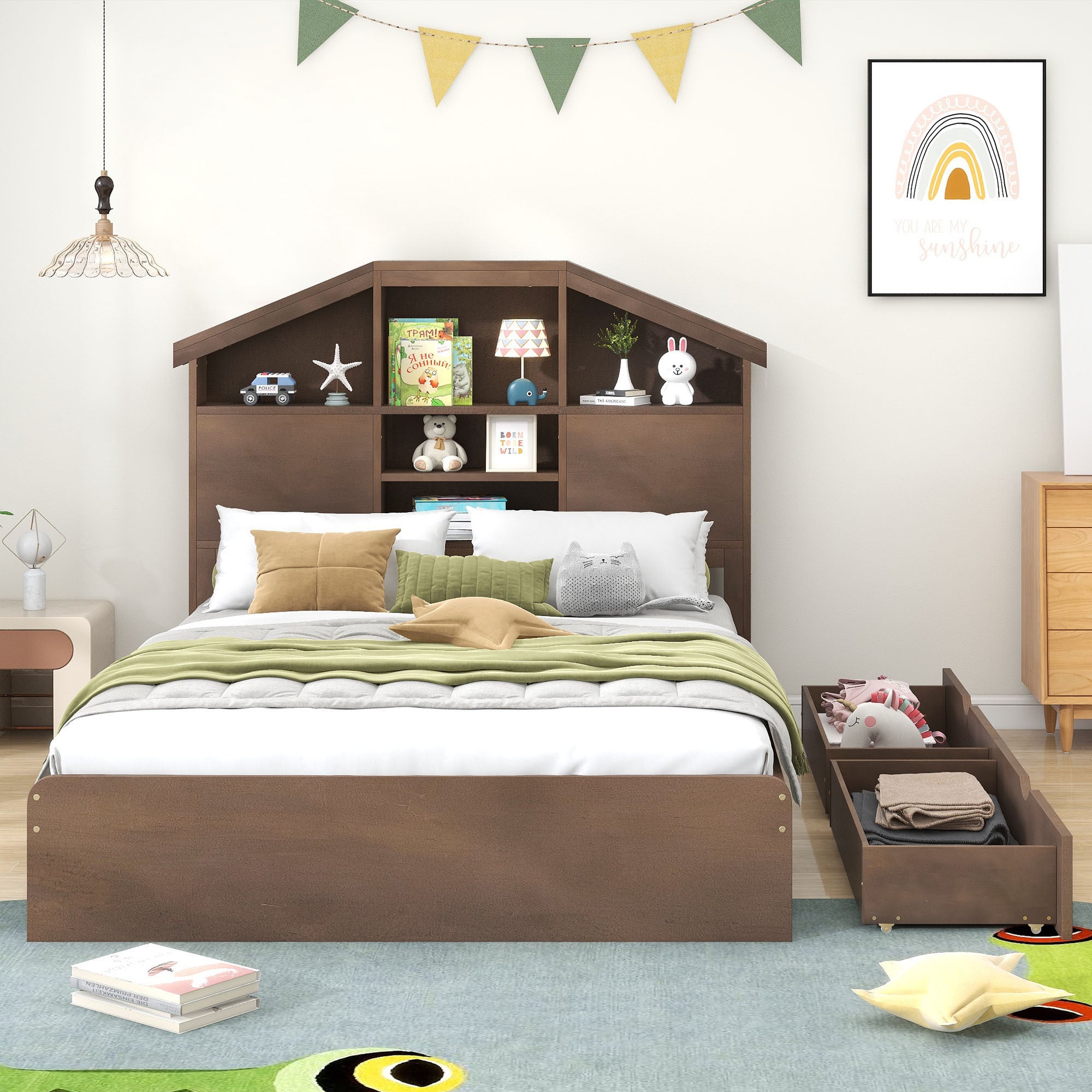 Full Size Wood Platform Bed with House-shaped Storage Headboard and 2 Drawers, Walnut - Atlantic Fine Furniture Melbourne FL