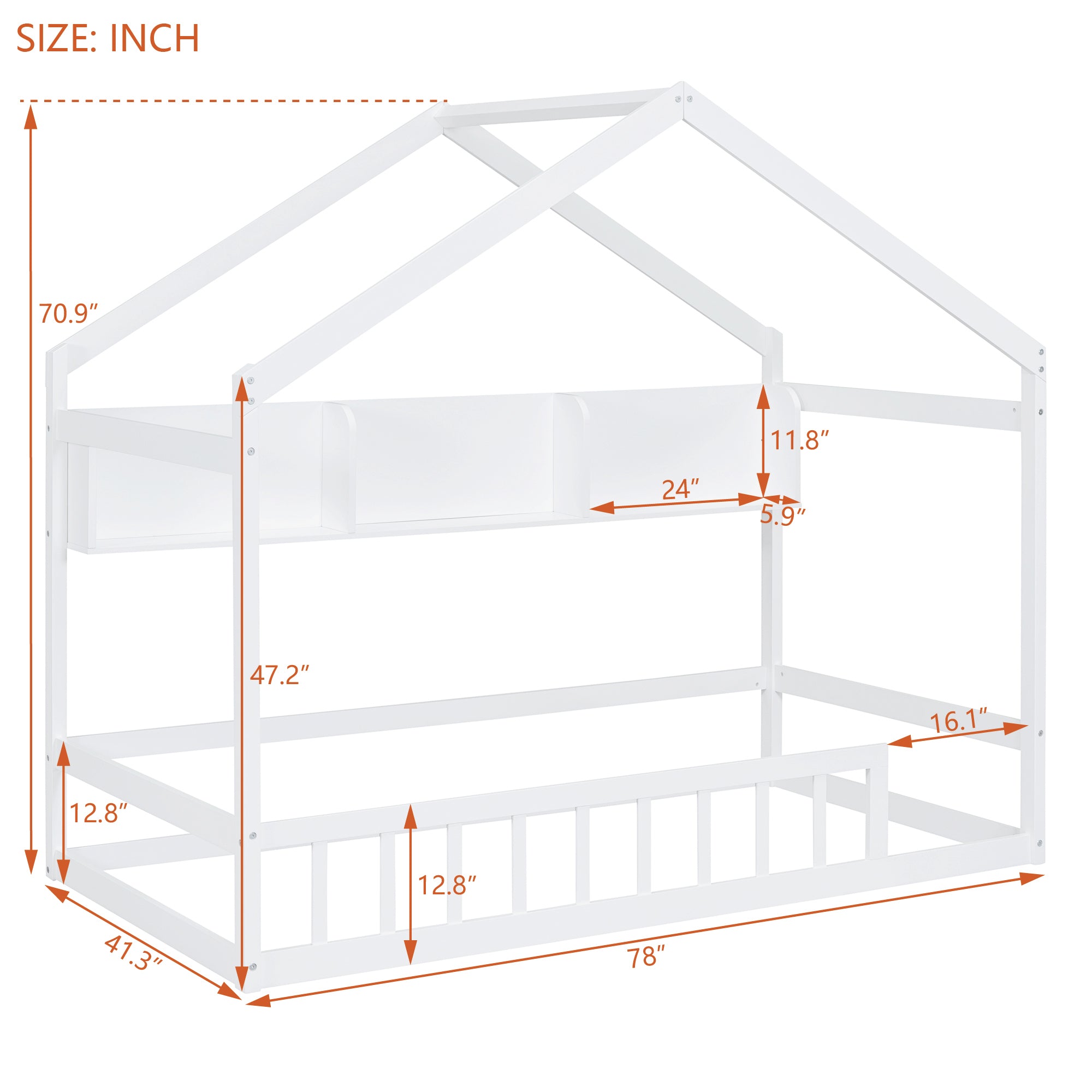 Wooden Twin Size House Bed with Storage Shelf,Kids Bed with Fence and Roof, White - Atlantic Fine Furniture Melbourne FL