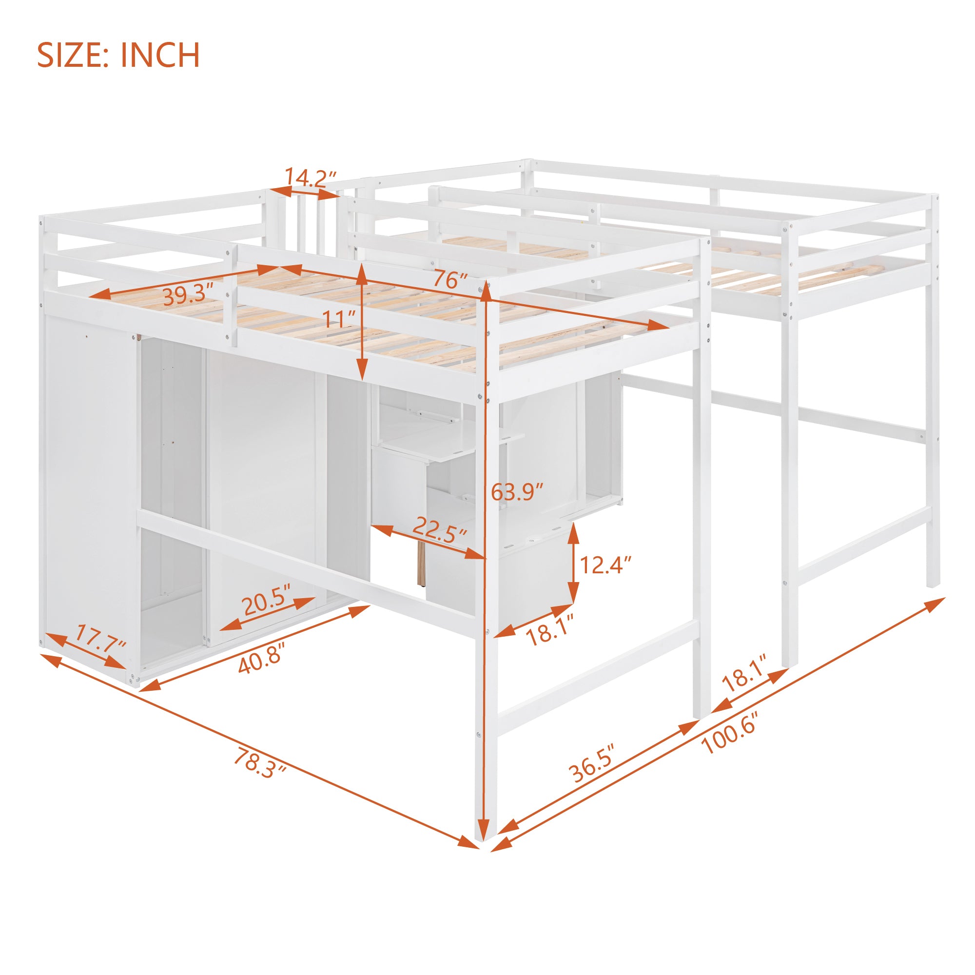 Double Twin Loft Beds with Wardrobes and Staircase, White - Atlantic Fine Furniture Melbourne FL