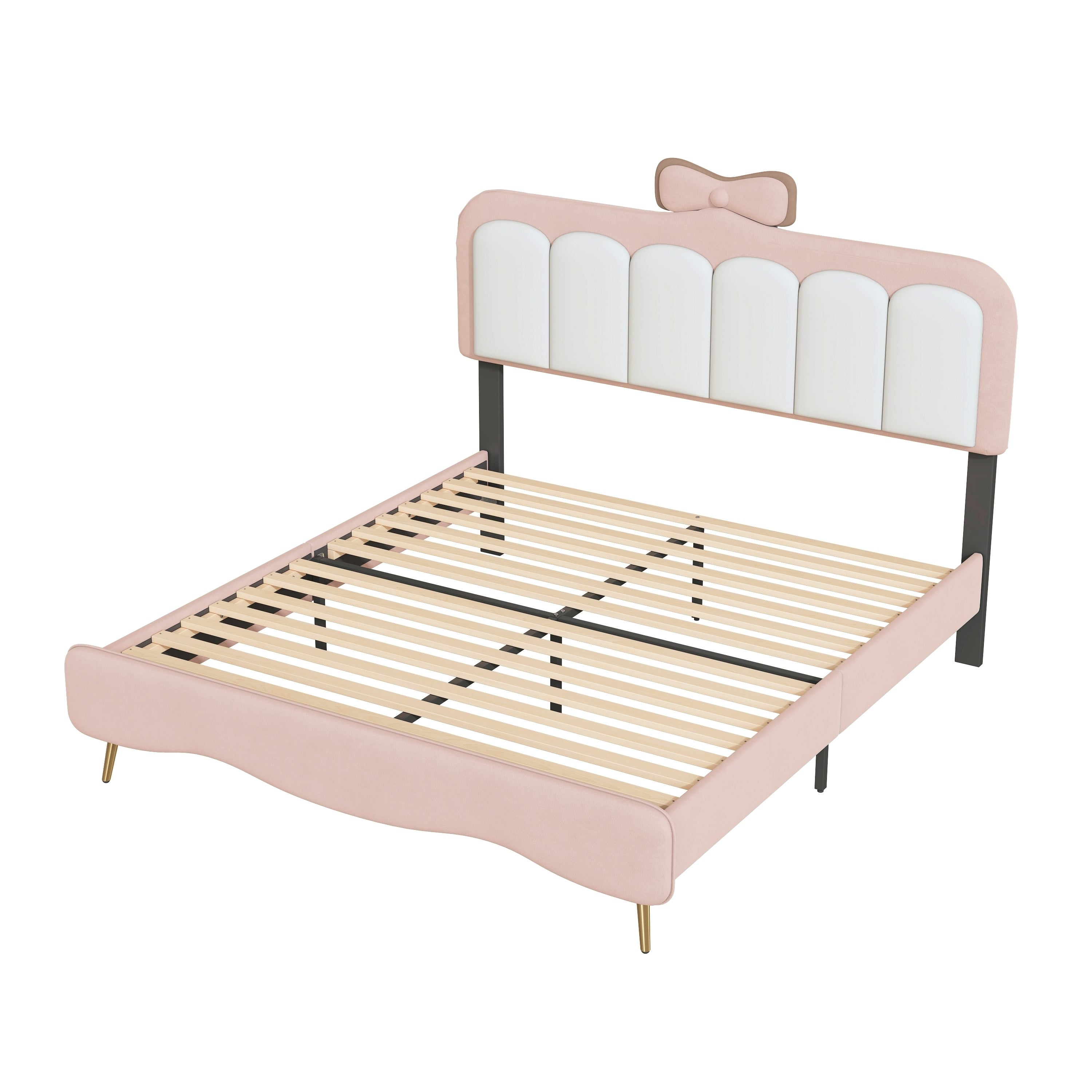 Full size Velvet Princess Bed With bow-knot Headboard,Full Size Platform Bed with Headboard and Footboard,White+Pink