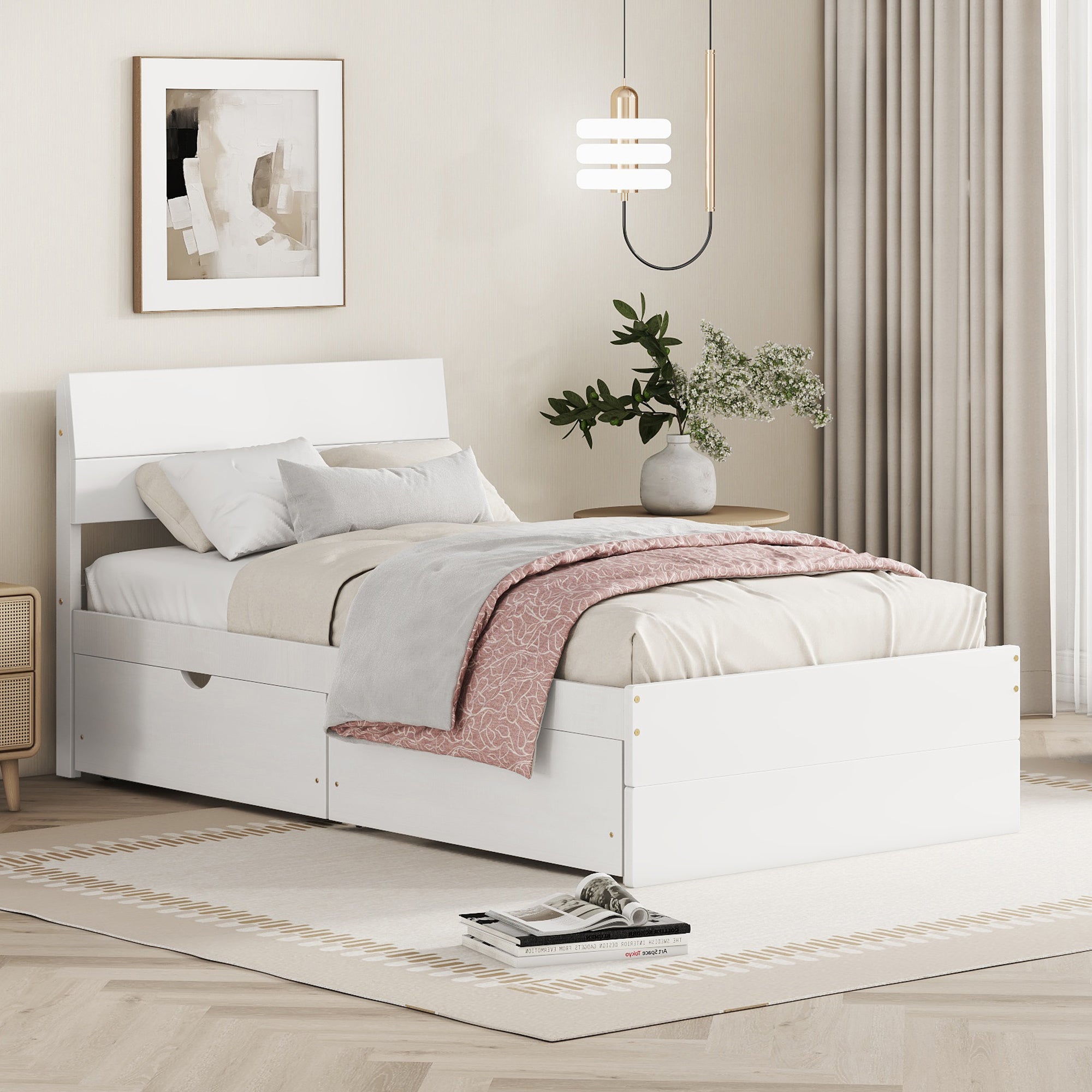 Modern Twin Bed Frame With 2 Drawers For White High Gloss Headboard and Footboard With Washed White Color
