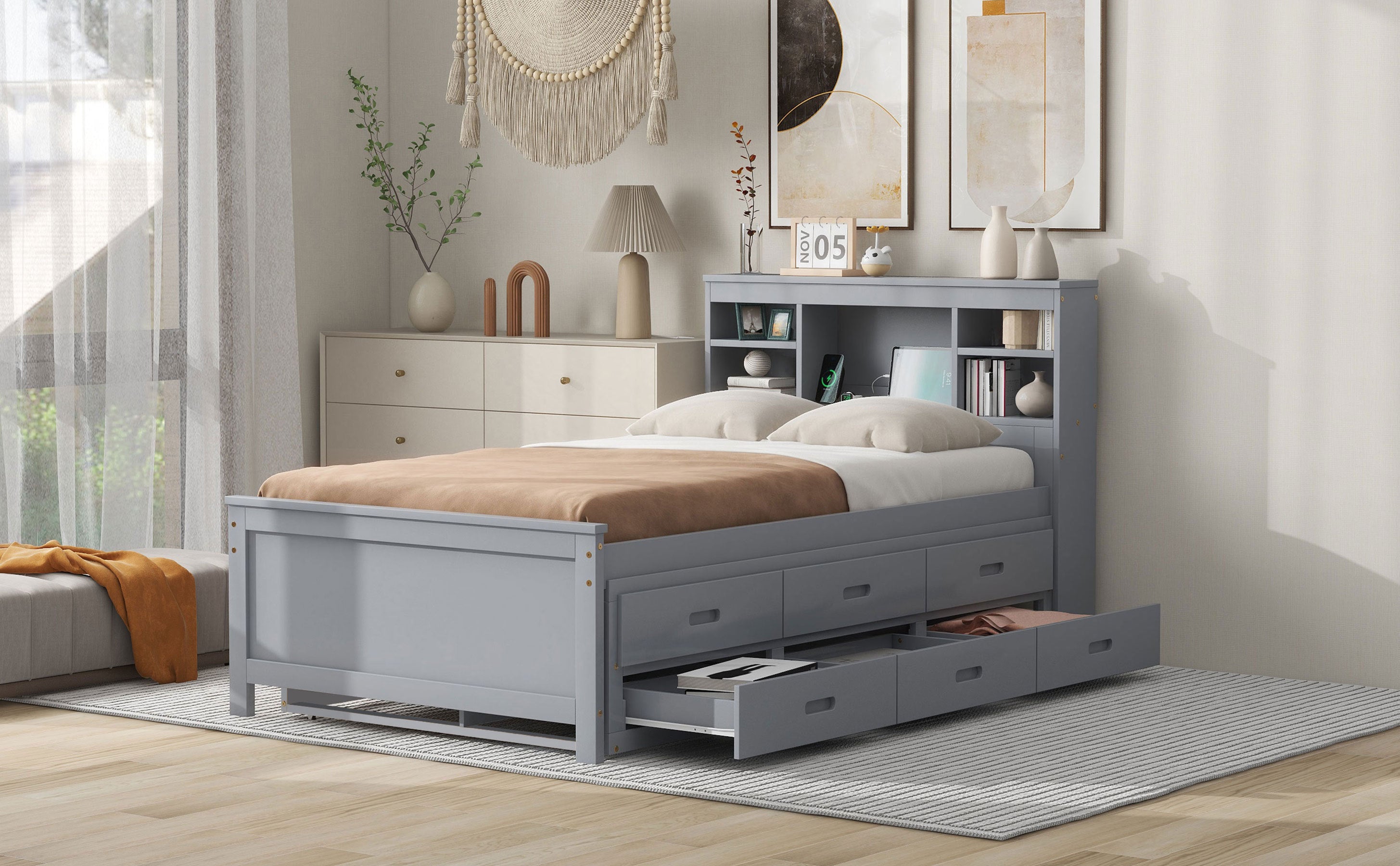 Twin Size Platform Bed with Storage Headboard, USB, Twin Size Trundle and 3 Drawers, Gray - Atlantic Fine Furniture Melbourne FL