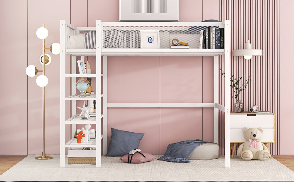 Twin Size Metal Loft Bed with 4-Tier Shelves and Storage, White - Atlantic Fine Furniture Melbourne FL