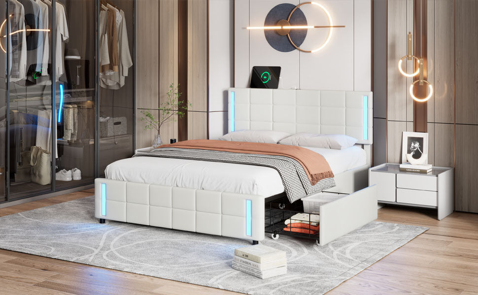 Queen Size Upholstered Platform Bed with LED Lights and USB Charging, Storage Bed with 4 Drawers, White - Atlantic Fine Furniture Melbourne FL