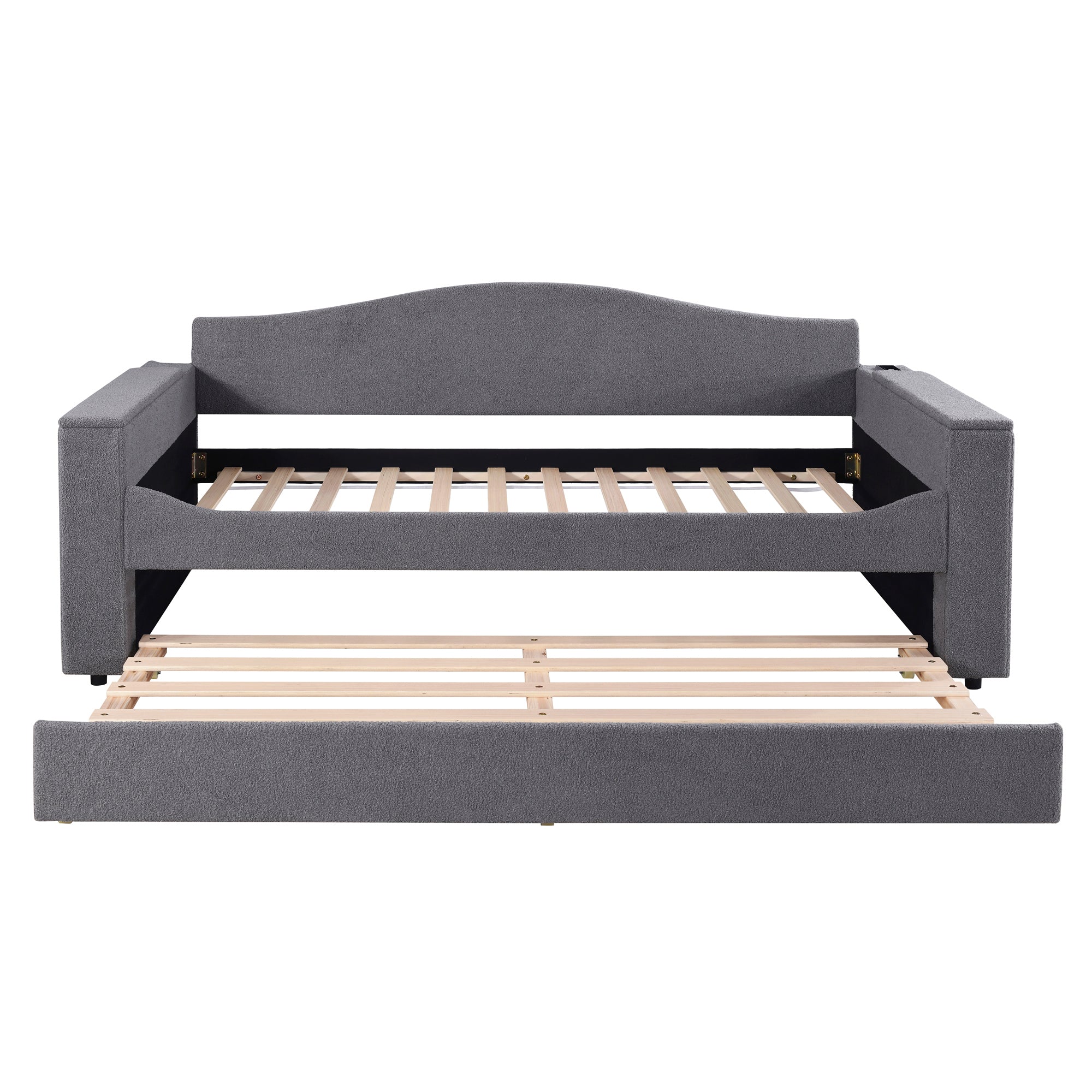 Twin Size Upholstered Daybed with Storage Armrests, Trundle and Latest Integrated Bluetooth Audio System, Teddy Fleece, Gray - Atlantic Fine Furniture Melbourne FL