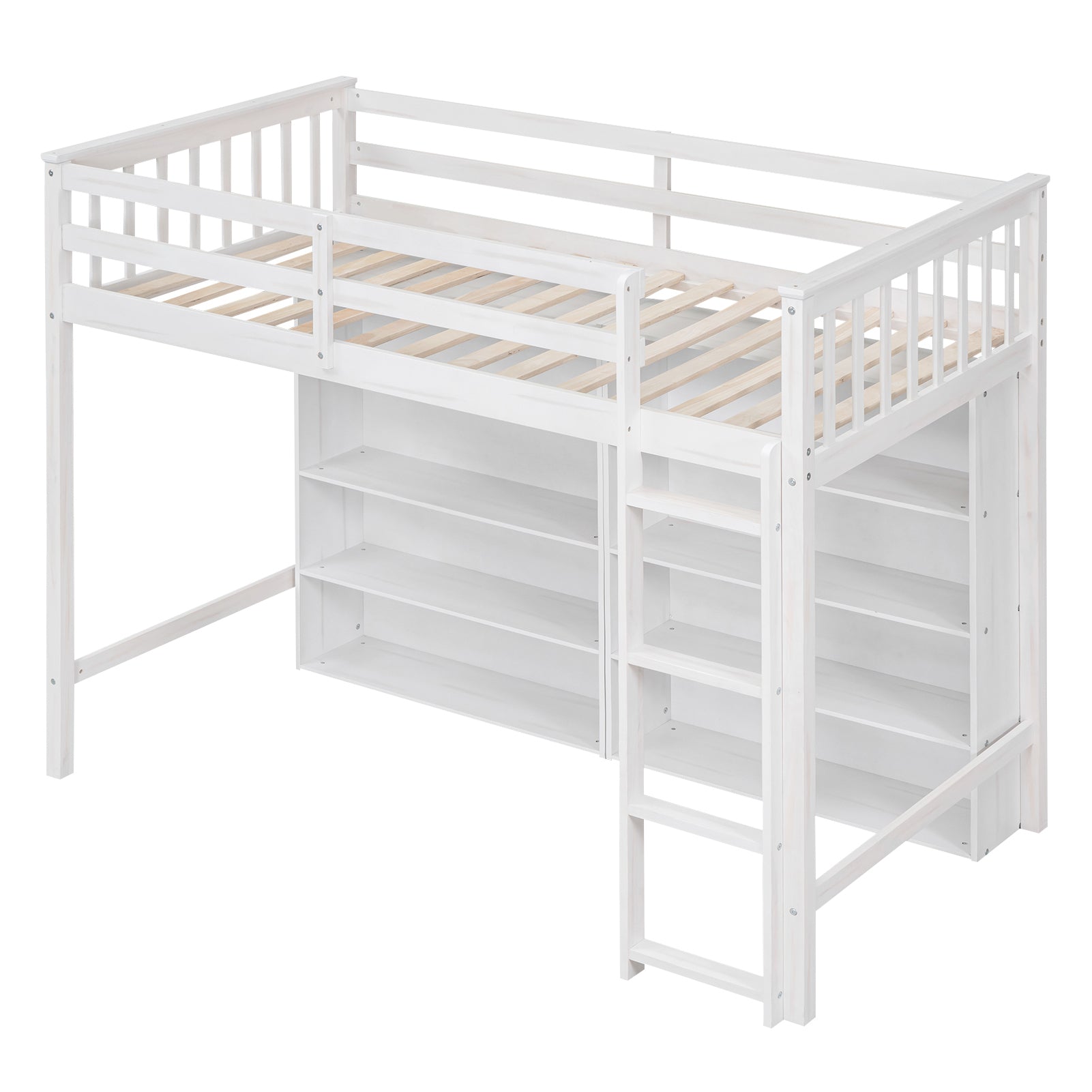 Twin Size Loft Bed with 8 Open Storage Shelves and Built-in Ladder, White - Atlantic Fine Furniture Melbourne FL