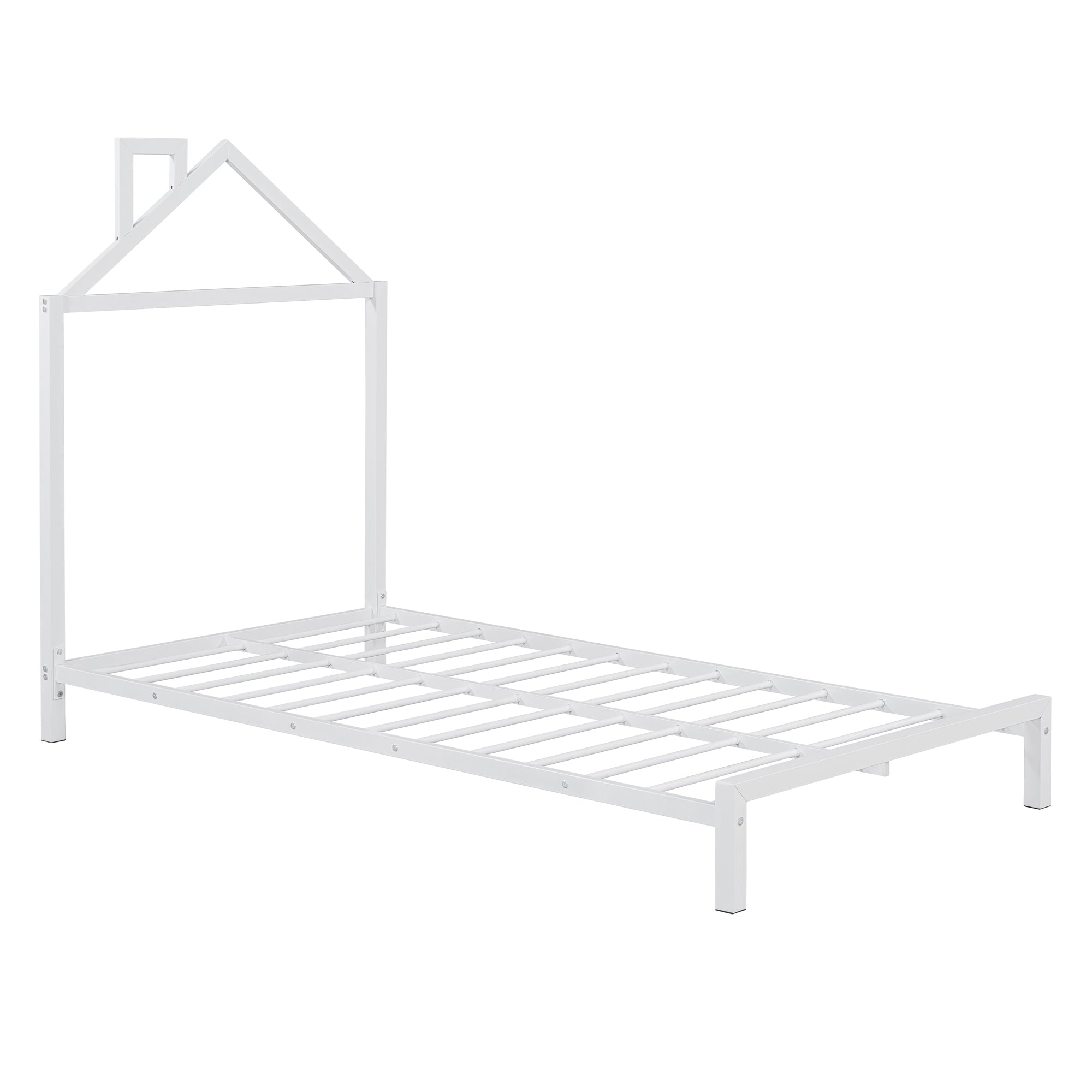 Twin Size Metal Platform Bed with House-Shaped Headboard Design, White - Atlantic Fine Furniture Melbourne FL