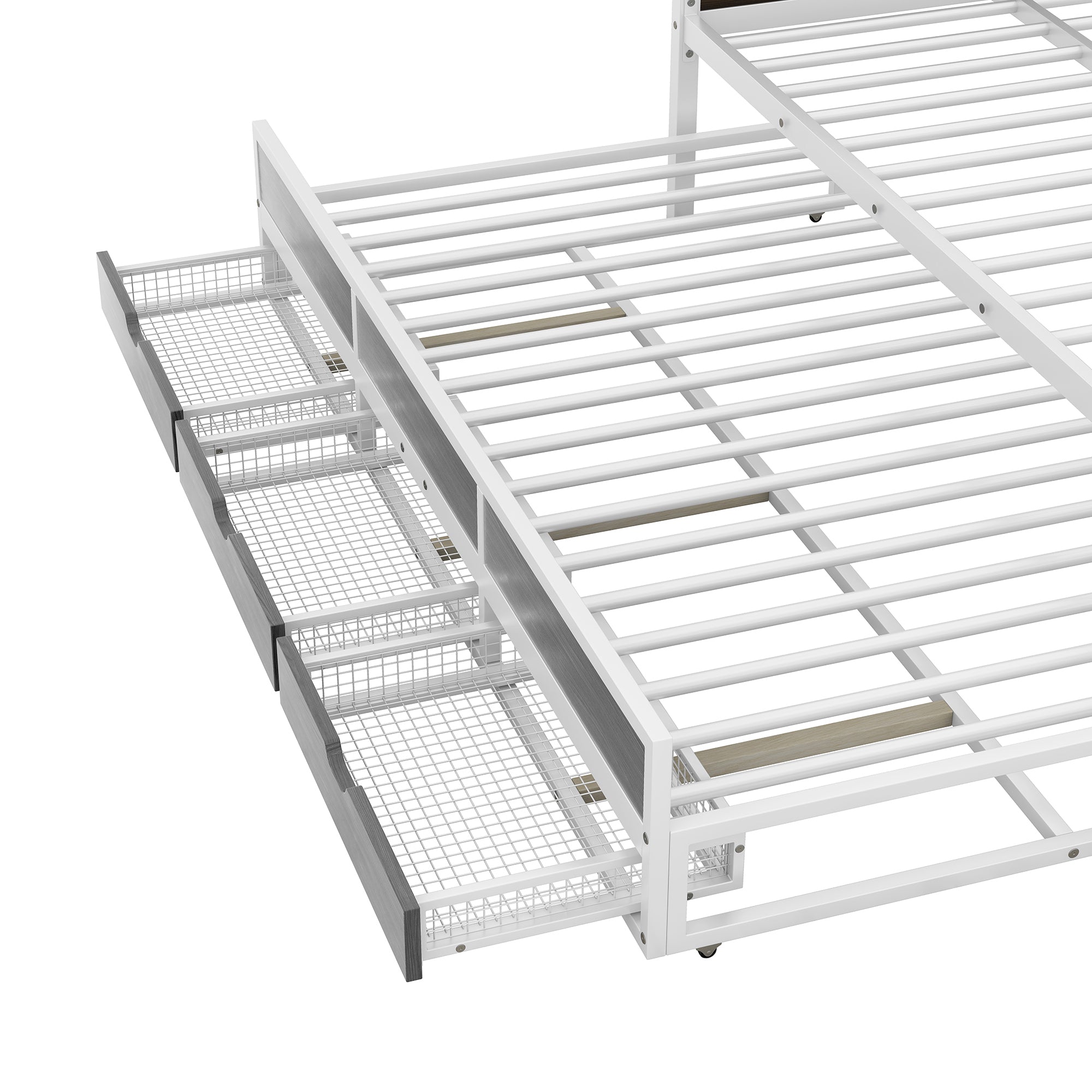 Queen Size Metal Canopy Platform Bed with Twin Size Trundle and 3 Storage Drawers, White - Atlantic Fine Furniture Melbourne FL