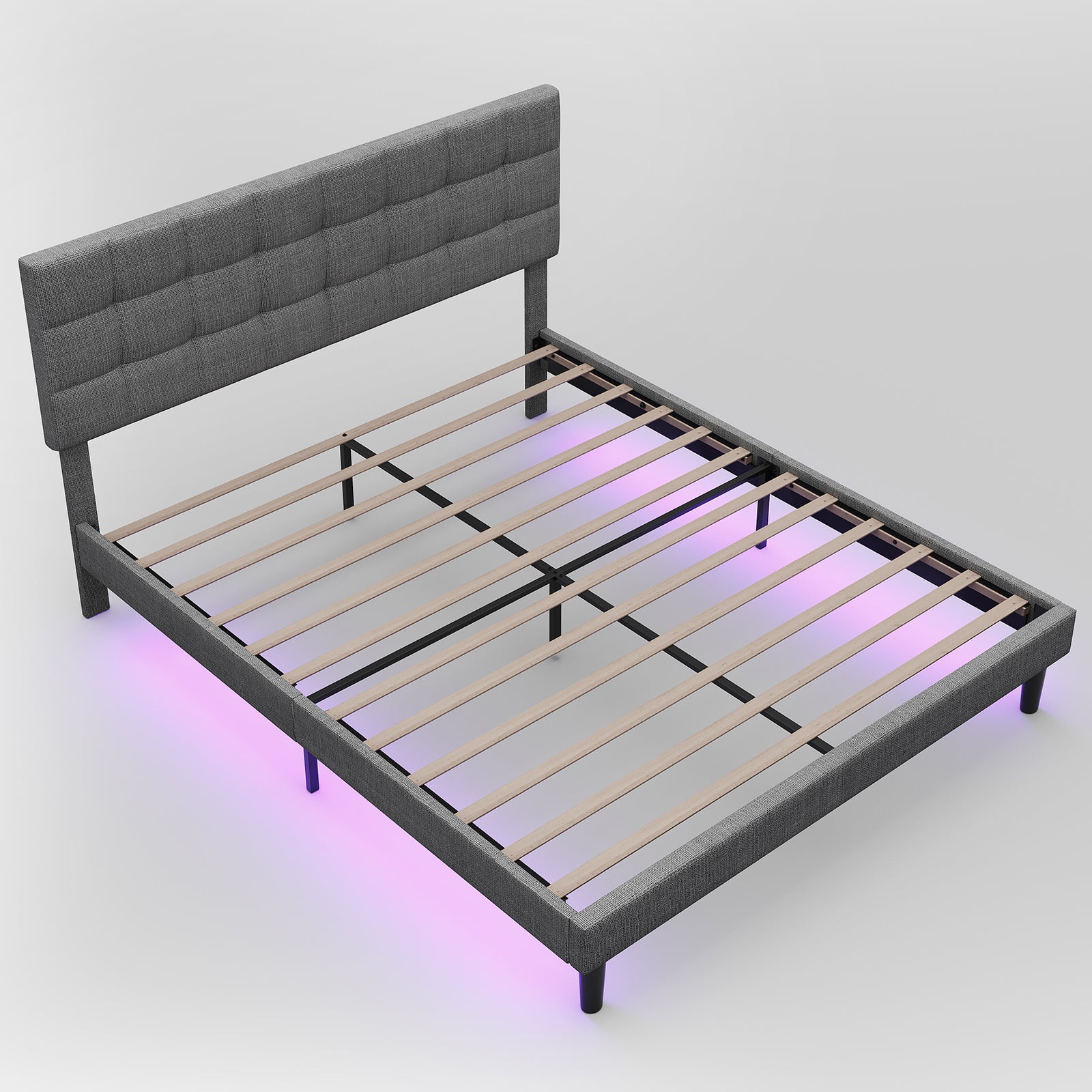 Queen Size Upholstered Platform Bed Linen Bed Frame with Lights Square Stitched Adjustable Headboard Strong Bed Slats System No Box Spring Needed Grey - Atlantic Fine Furniture Melbourne FL