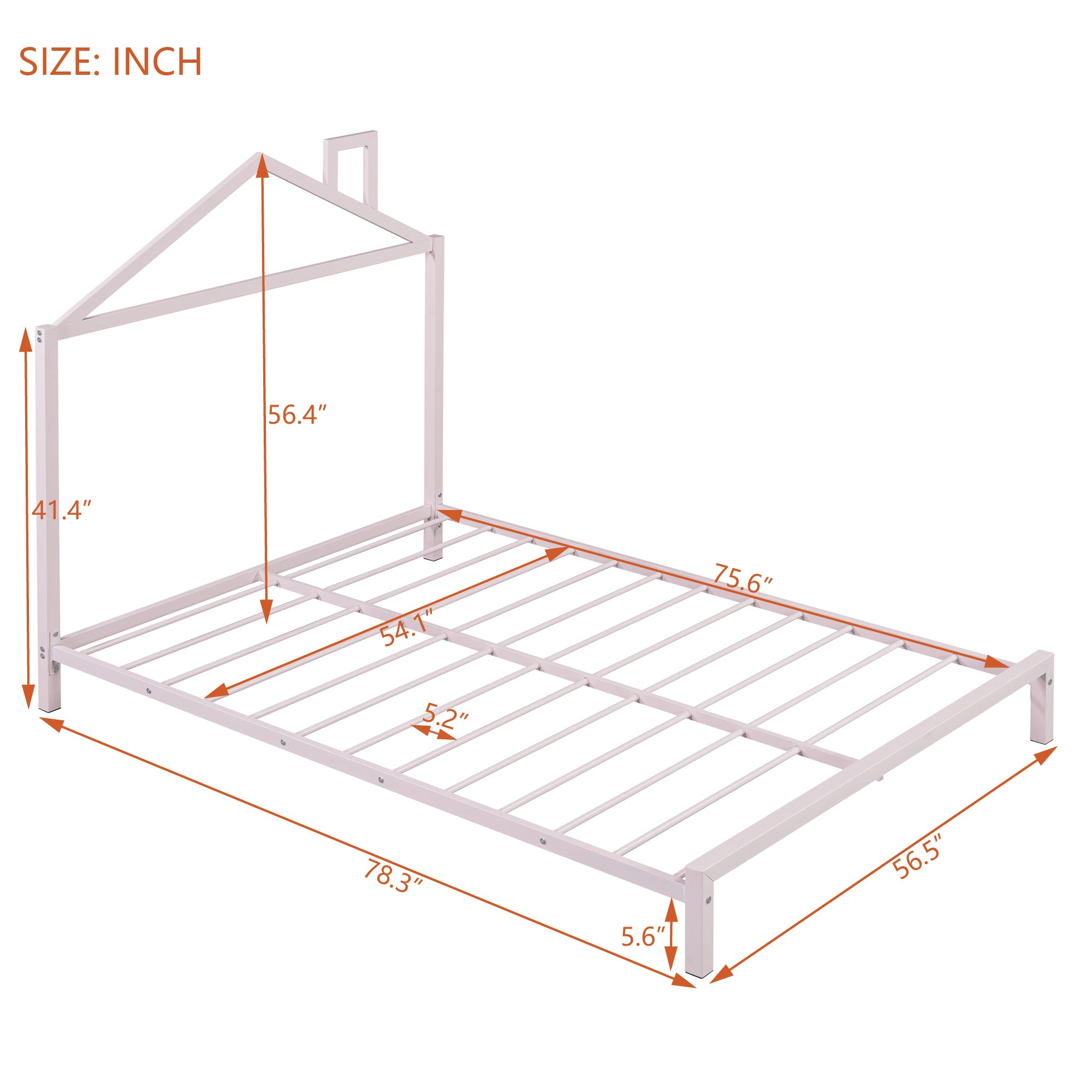Full Size Metal Platform Bed with House-Shaped Headboard Design, Pink