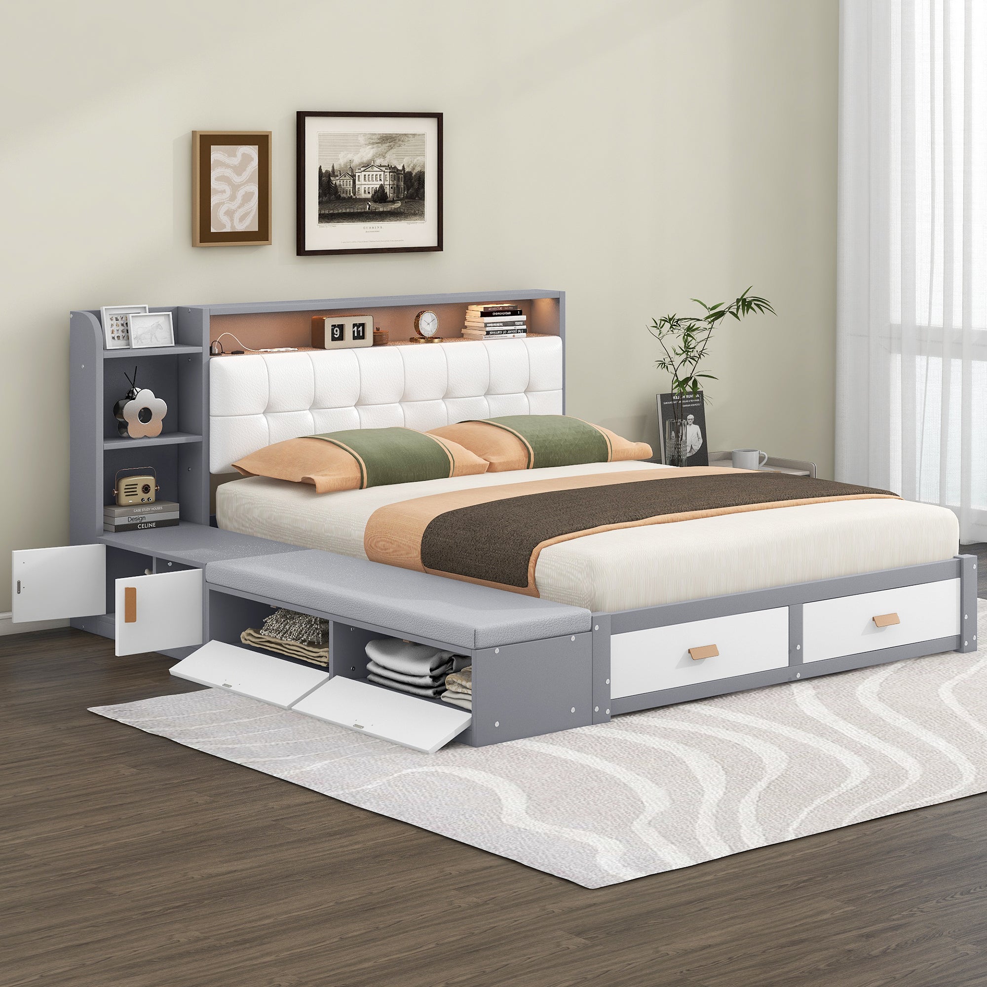 Queen Size Low Profile Platform Bed Frame with Upholstery Headboard and Storage Shelves and Drawers,USB Charging Design,Gray - Atlantic Fine Furniture Melbourne FL