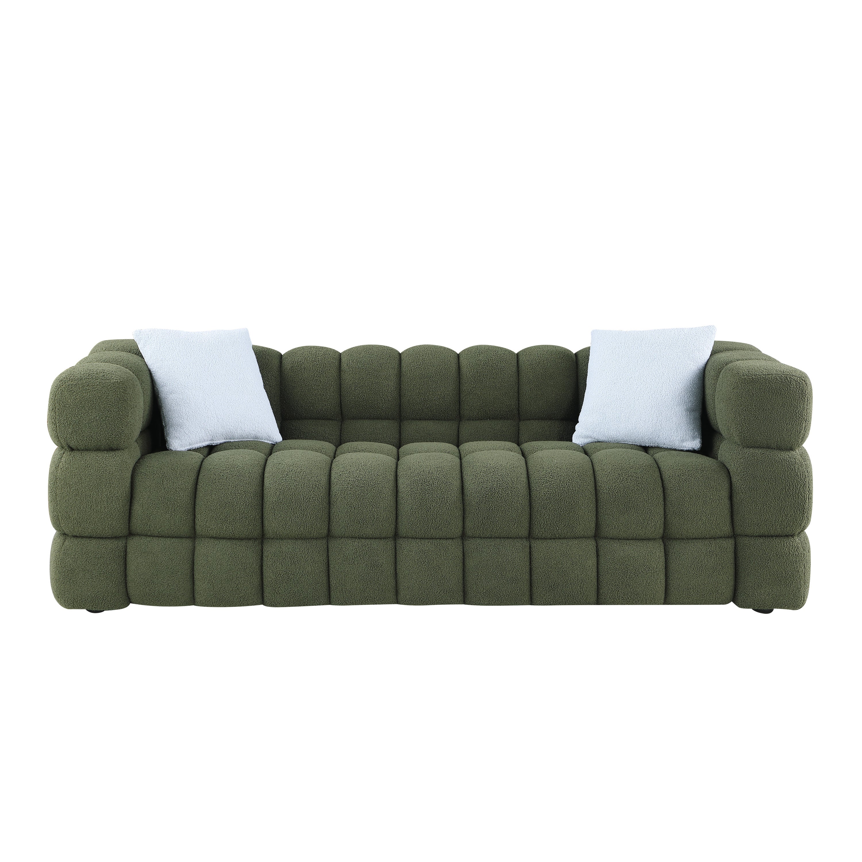 84.3 length ,35.83" deepth ,human body structure for USA people, marshmallow sofa,boucle sofa ,3 seater, OLIVE GREEN BOUCLE