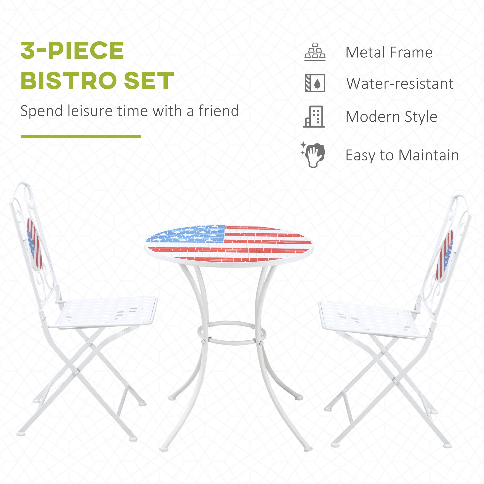3 Piece Patio Bistro Set, Folding Outdoor Furniture with USA Mosaic Table and Chairs,
Portable Metal Frames for 4th of July, Balcony, Backyard, Poolside, Porch, American Flag
