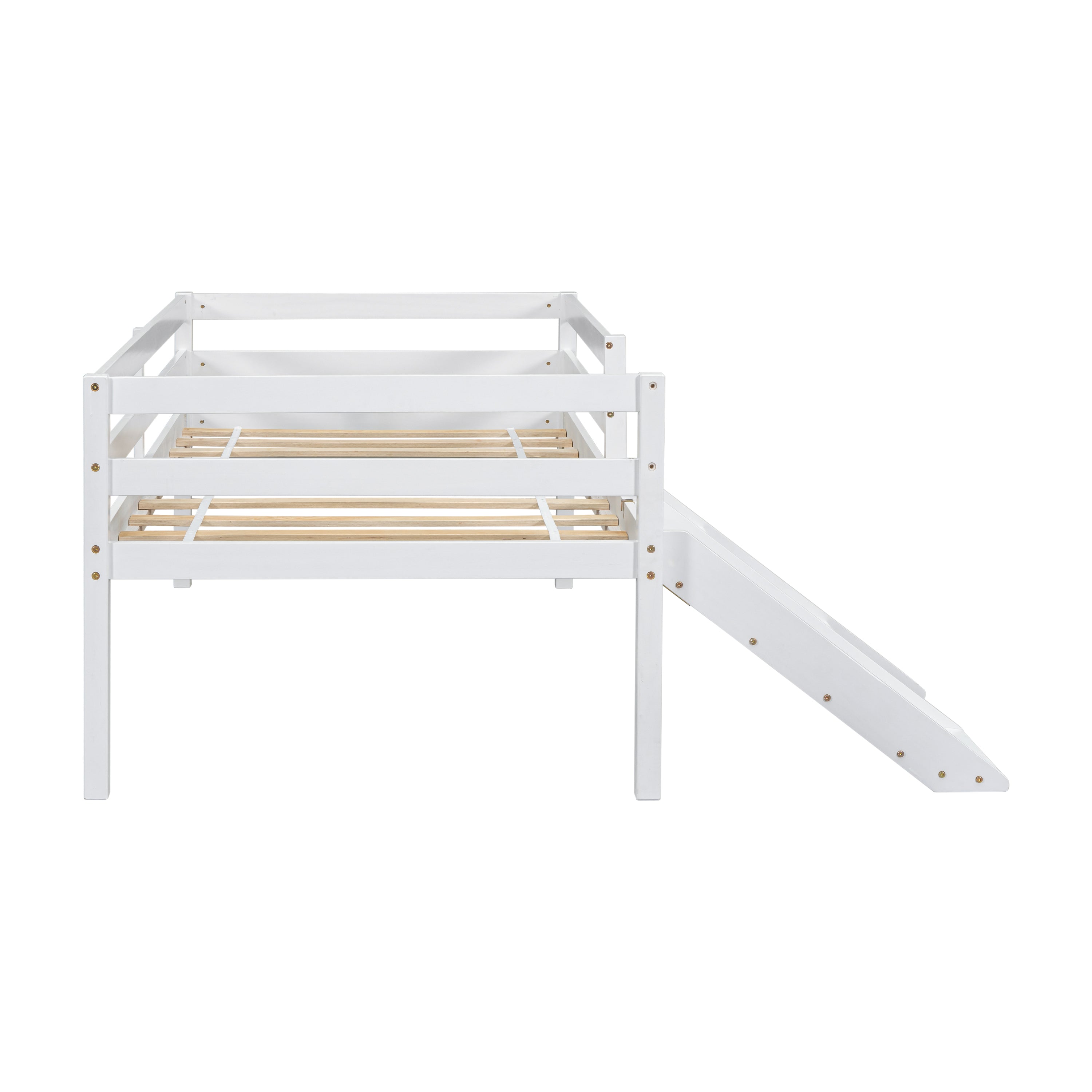 Twin Low Loft Bed with Slide, Ladder, Safety Guardrails, No Box Spring Needed,White