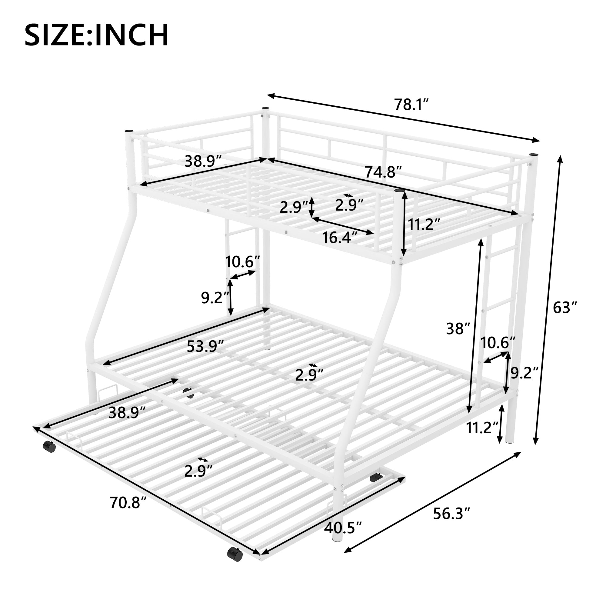 Twin over Full Bed with Sturdy Steel Frame, Bunk Bed with Twin Size Trundle, Two-Side Ladders, White(OLD SKU:MF194424AAK) - Atlantic Fine Furniture Melbourne FL