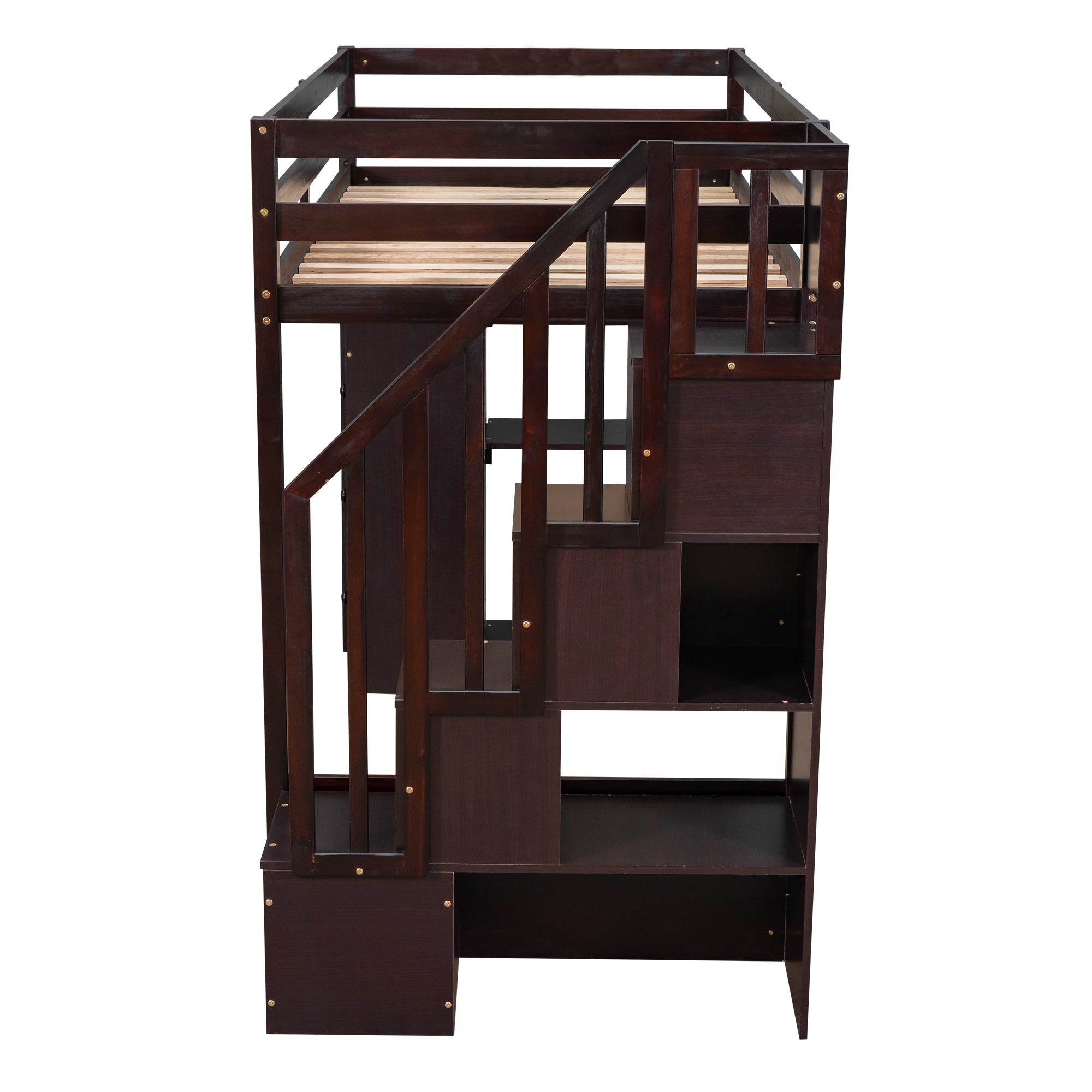 Twin size Loft Bed with Storage Drawers and Stairs, Wooden Loft Bed with Shelves - Espresso - Atlantic Fine Furniture Melbourne FL