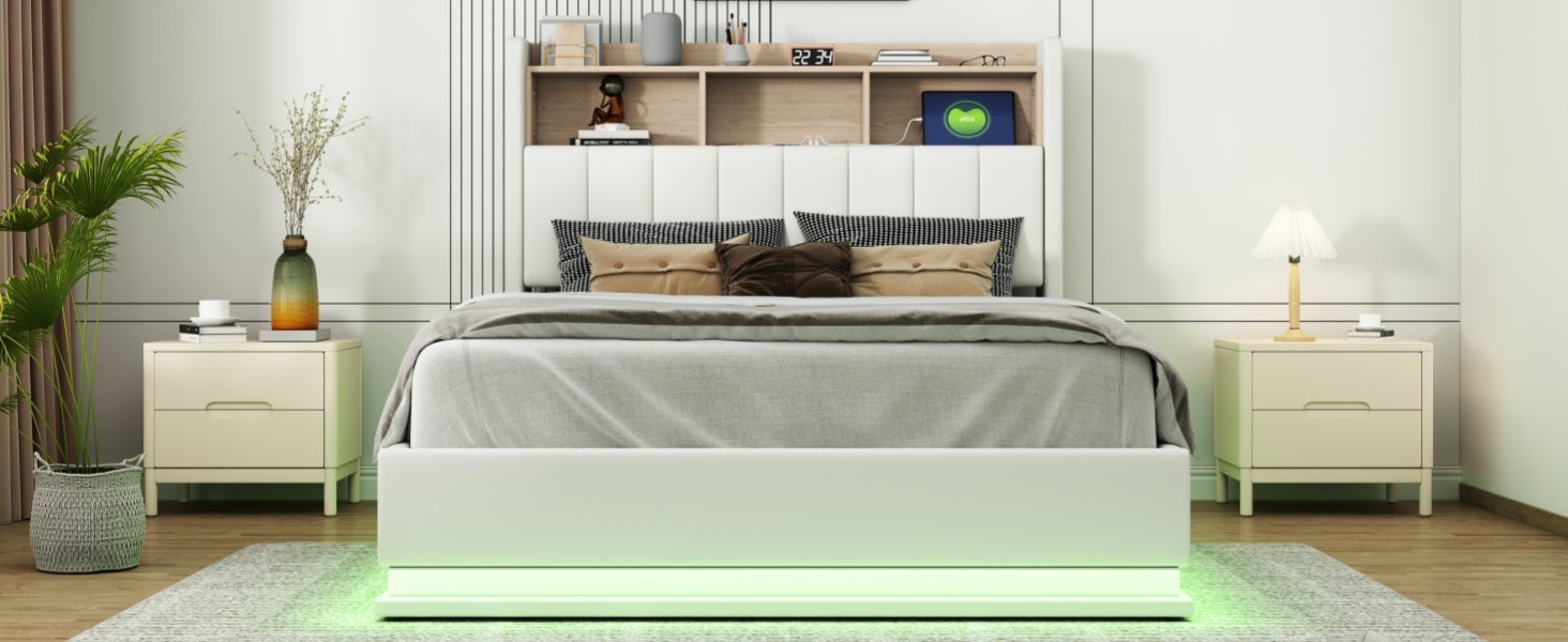 Full Size Upholstered Platform Bed with Storage Headboard and Hydraulic Storage System, PU Storage Bed with LED Lights and USB charger, White - Atlantic Fine Furniture Melbourne FL