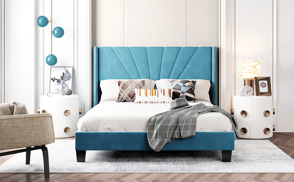 Queen Size Velvet Upholstered Platform Bed, Box Spring Needed - Blue - Atlantic Fine Furniture Melbourne FL