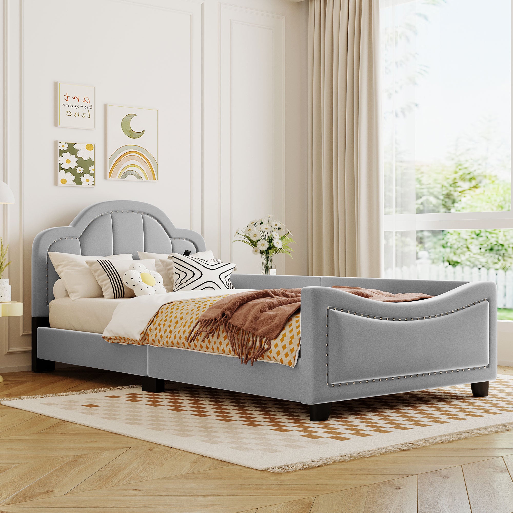 Twin Size Upholstered Daybed with Cloud Shaped Headboard, Embedded Elegant Copper Nail Design, Gray - Atlantic Fine Furniture Melbourne FL