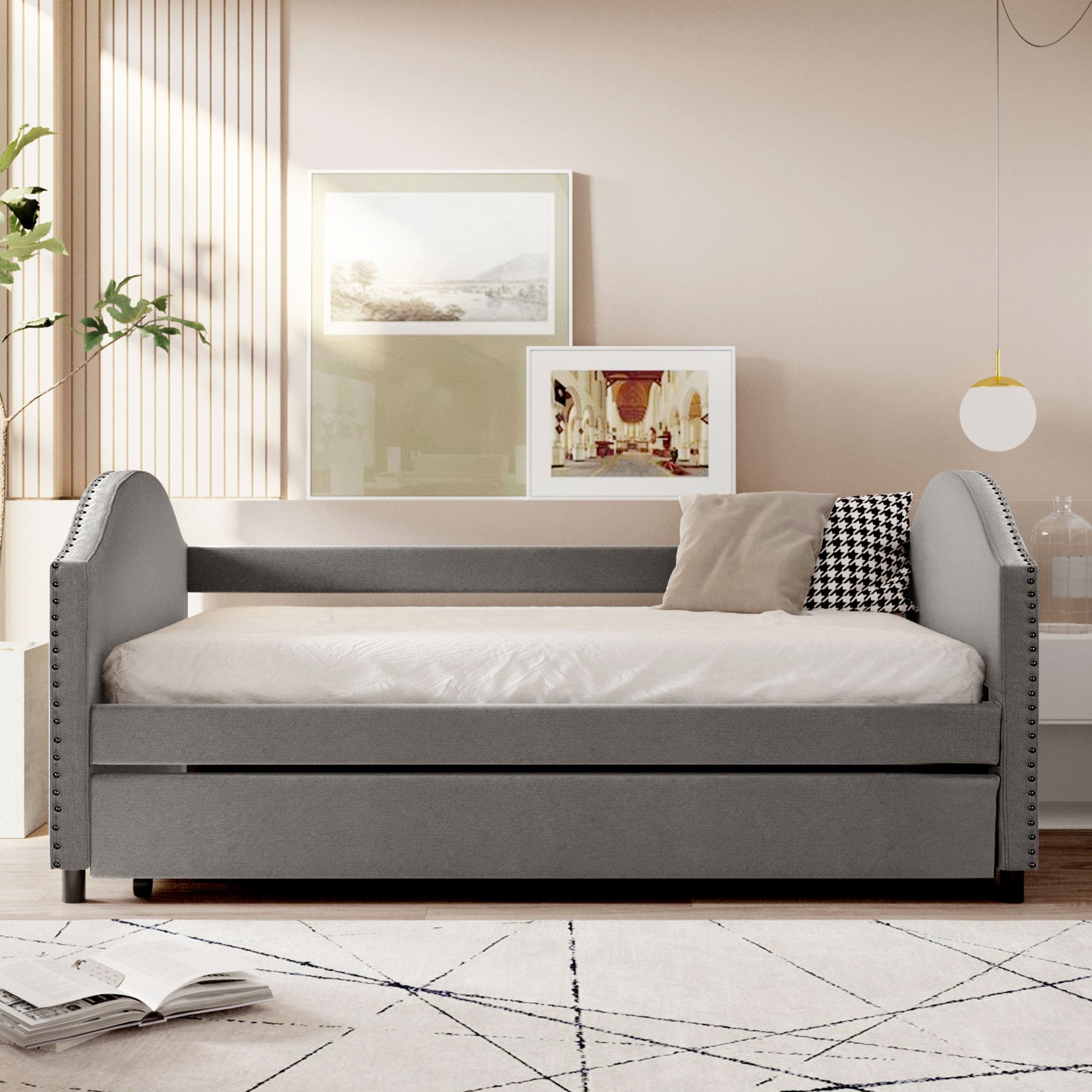 Full size Upholstered Daybed with Twin Size Trundle, Wood Slat Support, Gray(OLD SKU :LP000118AAE)