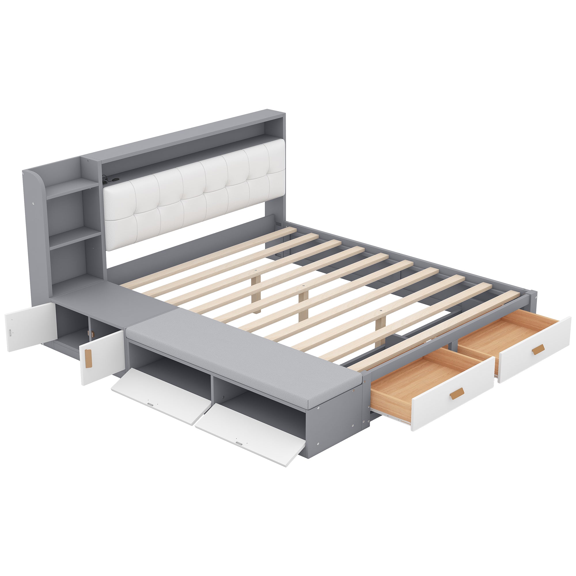 Queen Size Low Profile Platform Bed Frame with Upholstery Headboard and Storage Shelves and Drawers,USB Charging Design,Gray - Atlantic Fine Furniture Melbourne FL